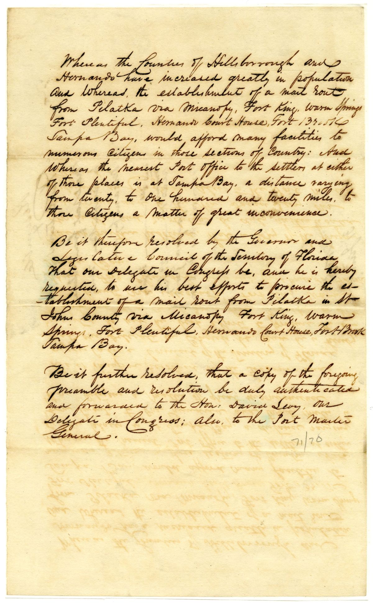 Resolution Directing the Florida Delegate in Congress to Procure a Law Establishing a Specific Mail Route, 1841