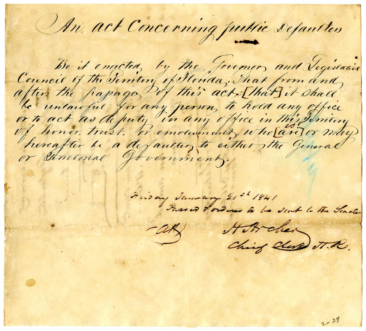 Draft of an Act Concerning Public Defaulters, circa 1841