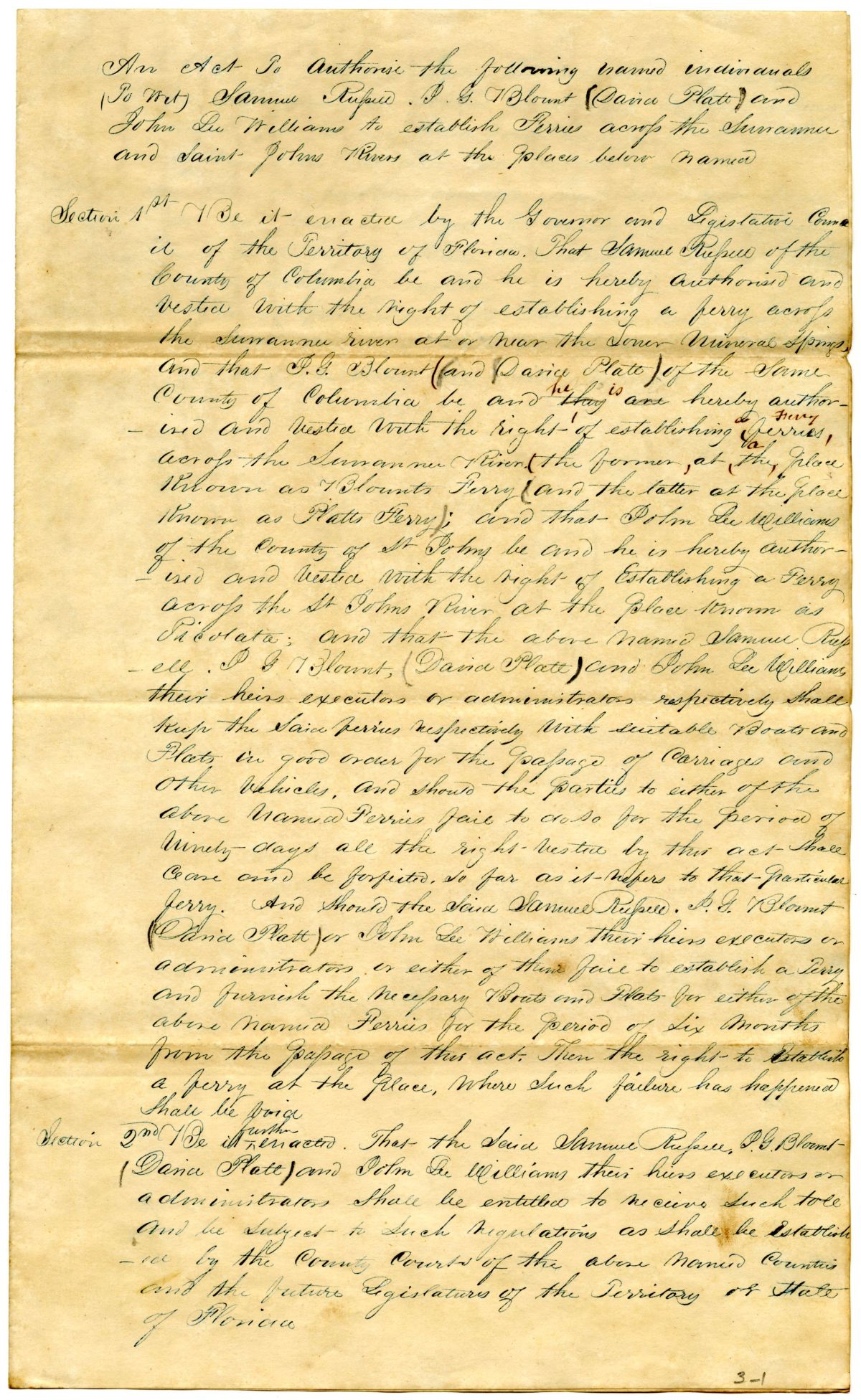 Draft of an Act to Authorize Certain Named Individuals to Establish a Ferry Across the Suwannee and Saint Johns Rivers, 1842