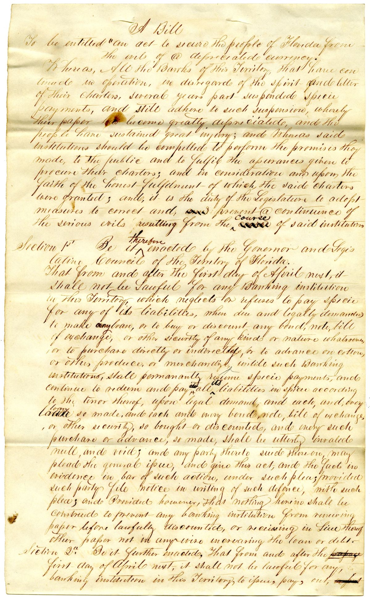 Draft of an Act to Secure the People of Florida from the Evils of a Depreciated Currency, 1842