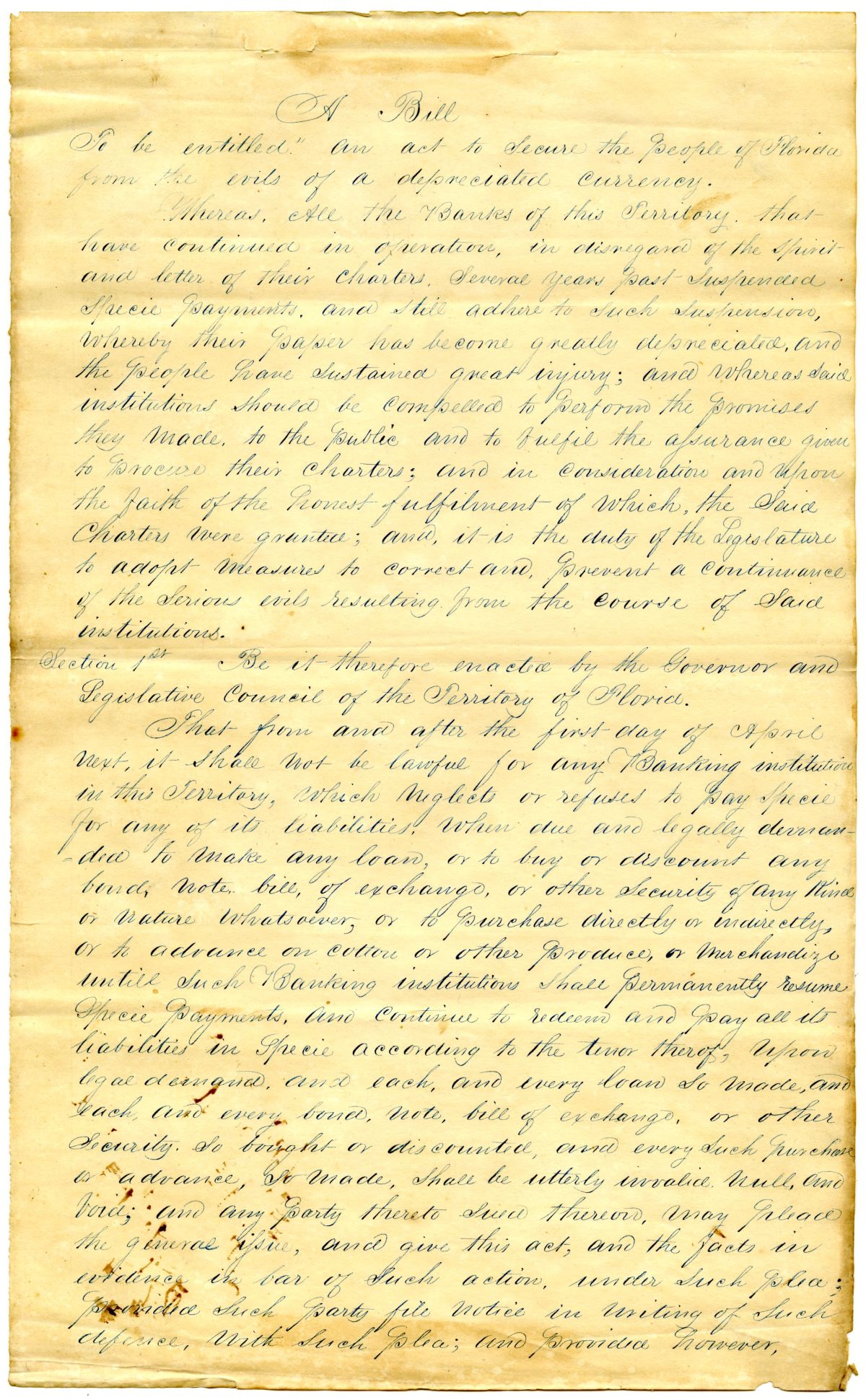 Draft of an Act to Secure the People of Florida from the Evils of a Depreciated Currency, 1842