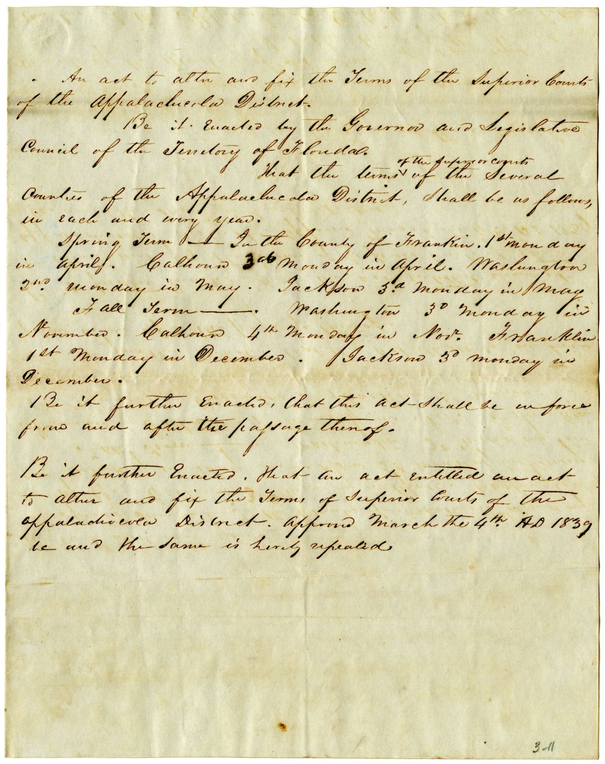 Draft of an Act to Alter and Fix the Terms of the Superior Courts of the Apalachicola District, 1843