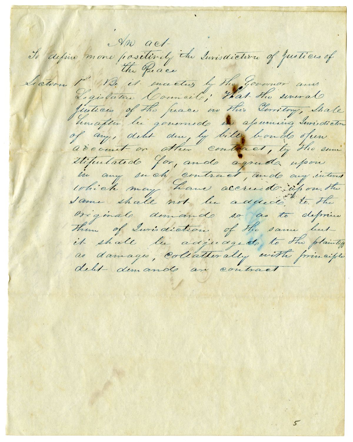 Draft of an Act to Define More Positively the Jurisdiction of Justices of the Peace, 1842