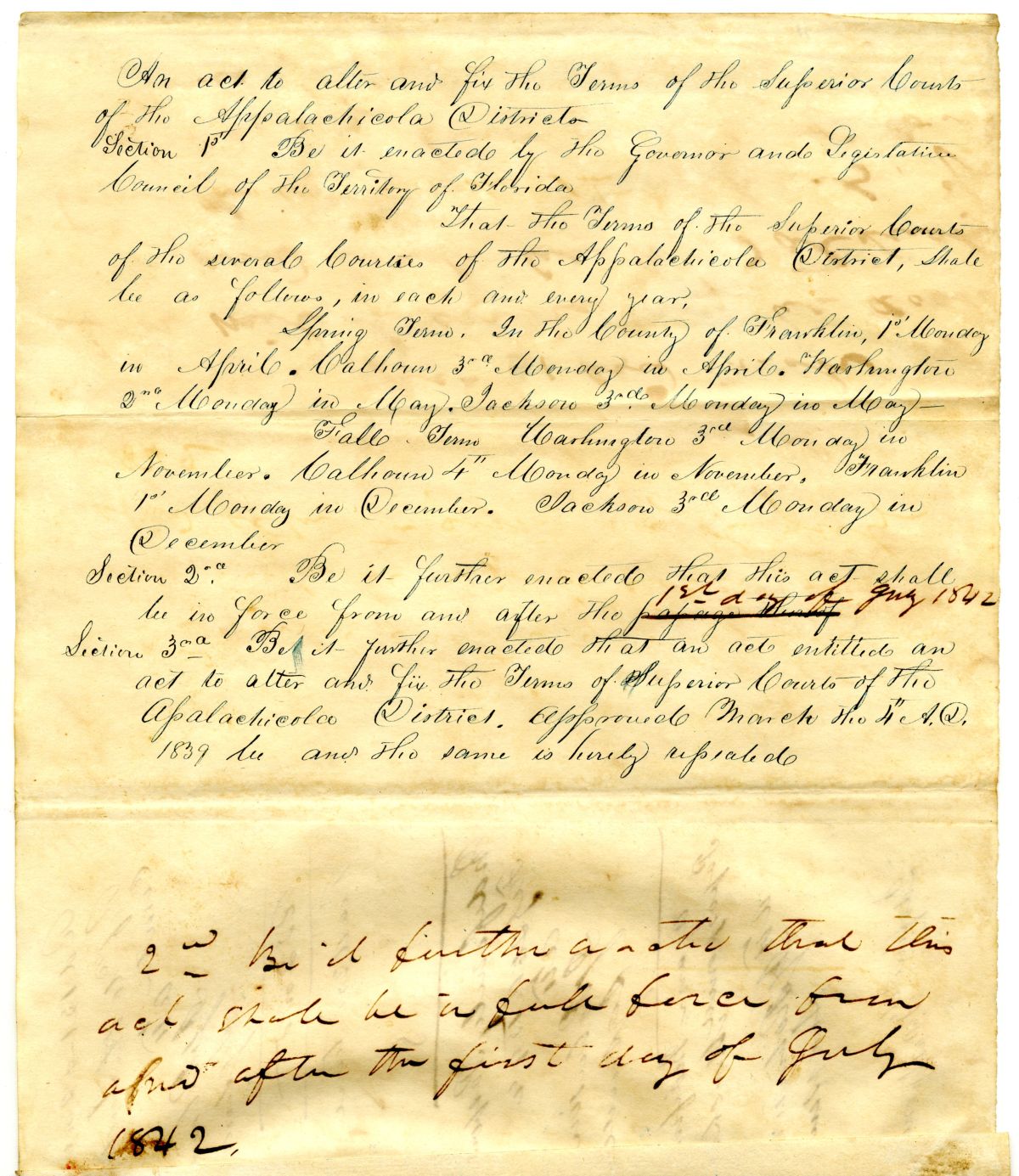 Draft of an Act to Alter and Fix the Terms of the Superior Courts of the Apalachicola District, 1842