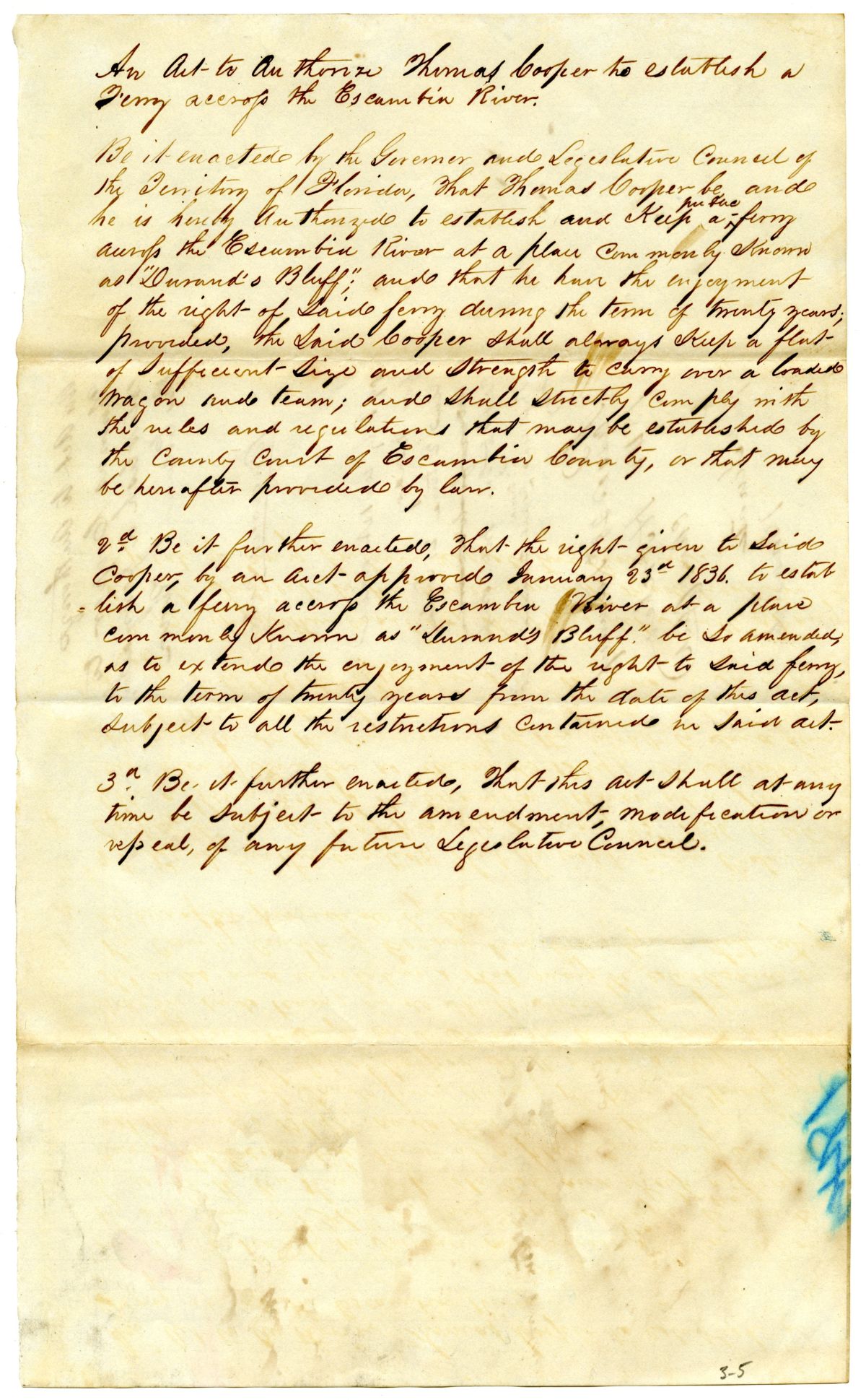 Draft of an Act to Authorize Thomas Cooper to Establish a Ferry Across the Escambia River, 1842