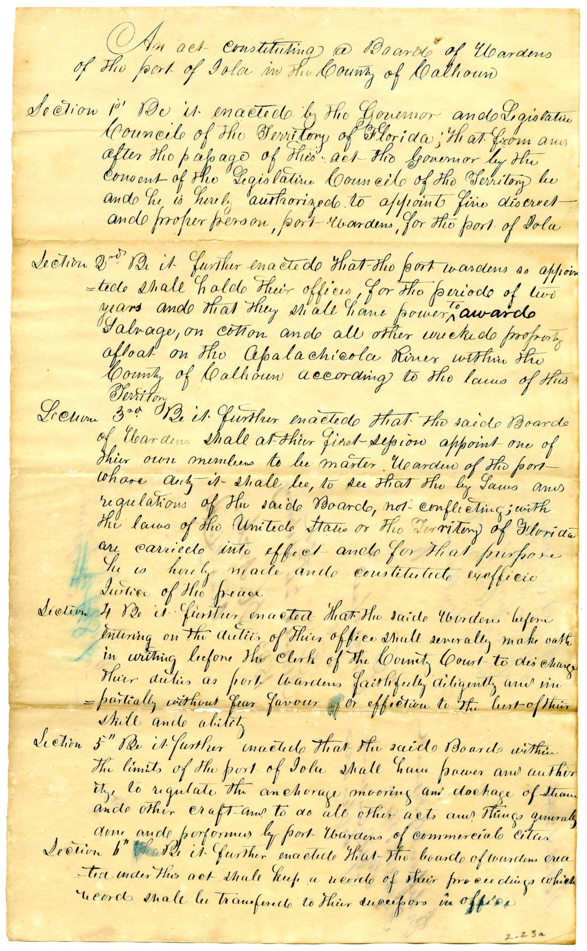 Draft of an Act Constituting a Board of Wardens of the Port of Iola in the County of Calhoun, 1842