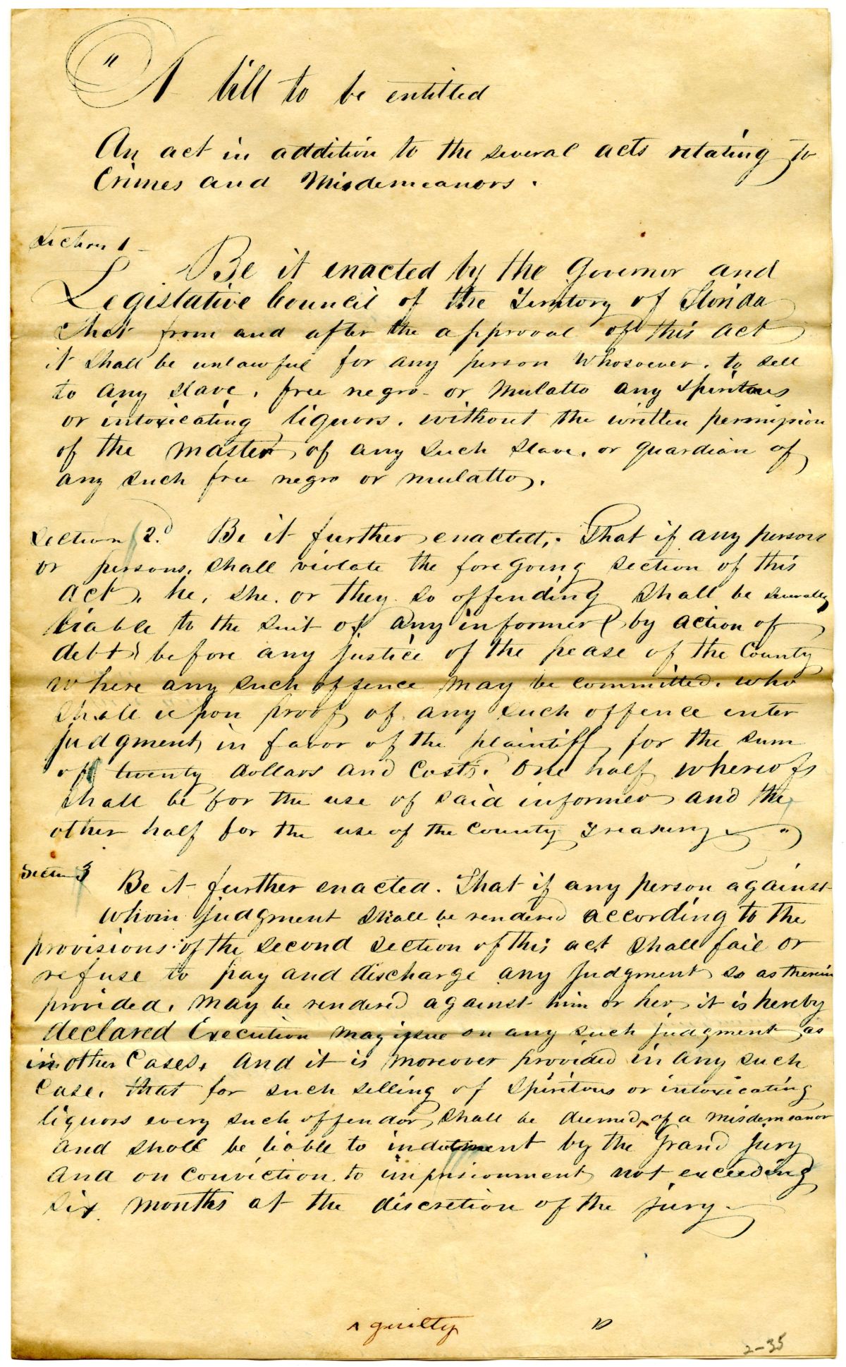 Draft of an Act in Addition to the Several Acts Relating to Crimes and Misdemeanors, 1842