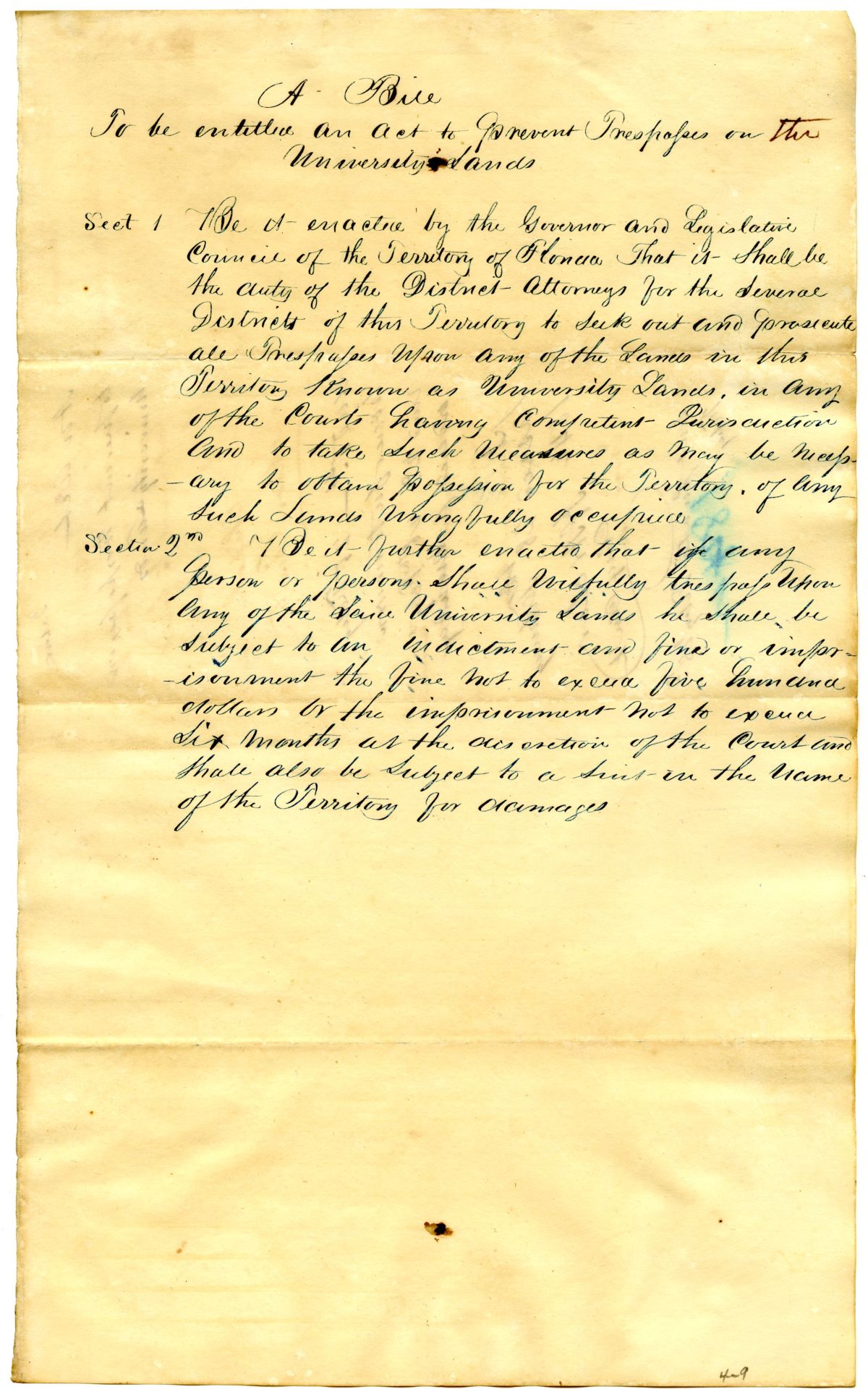 Draft of an Act to Prevent Trespasses on the University Lands, 1842