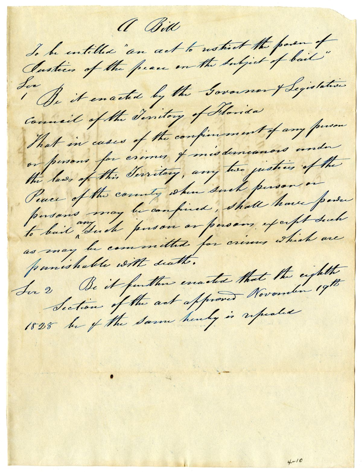 Draft of an Act to Restrict the Power of Justices of the Peace on the Subject of Bail, 1842