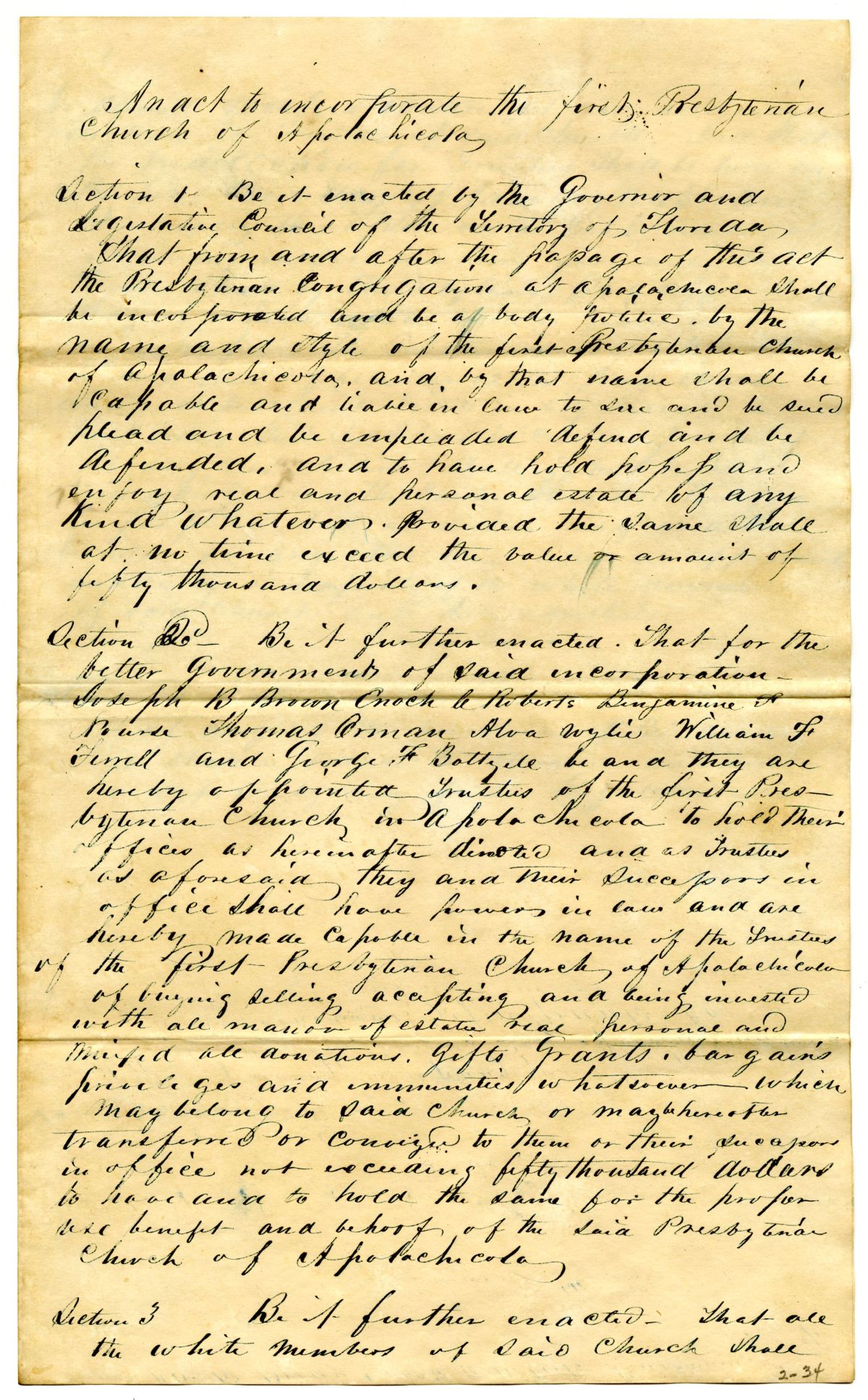 Draft of an Act to Incorporate the First Presbyterian Church of Apalachicola, 1842