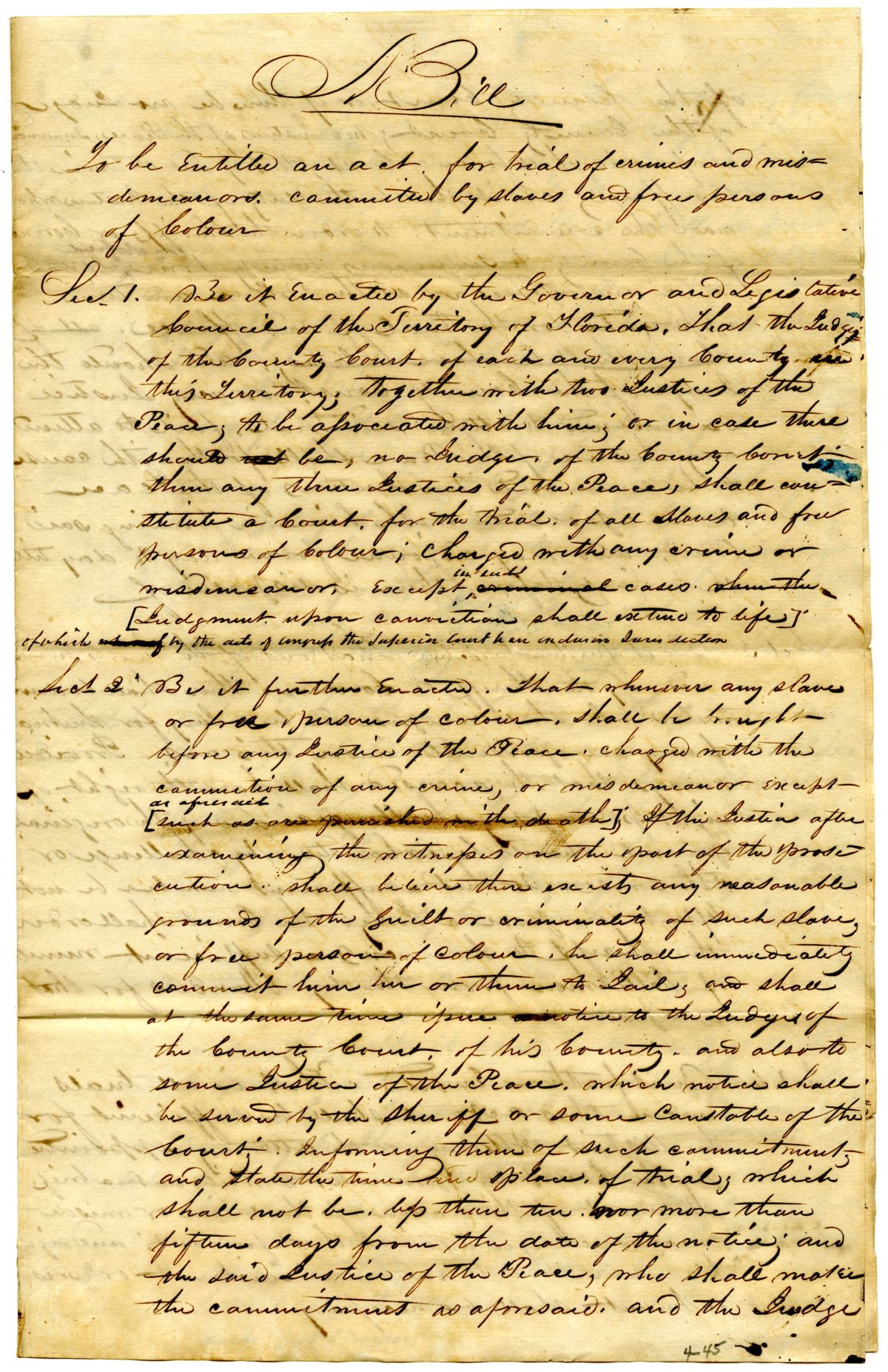 Draft of an Act for the Trial of Crimes and Misdemeanors Committed by Enslaved Persons and Free Persons of Color, 1842