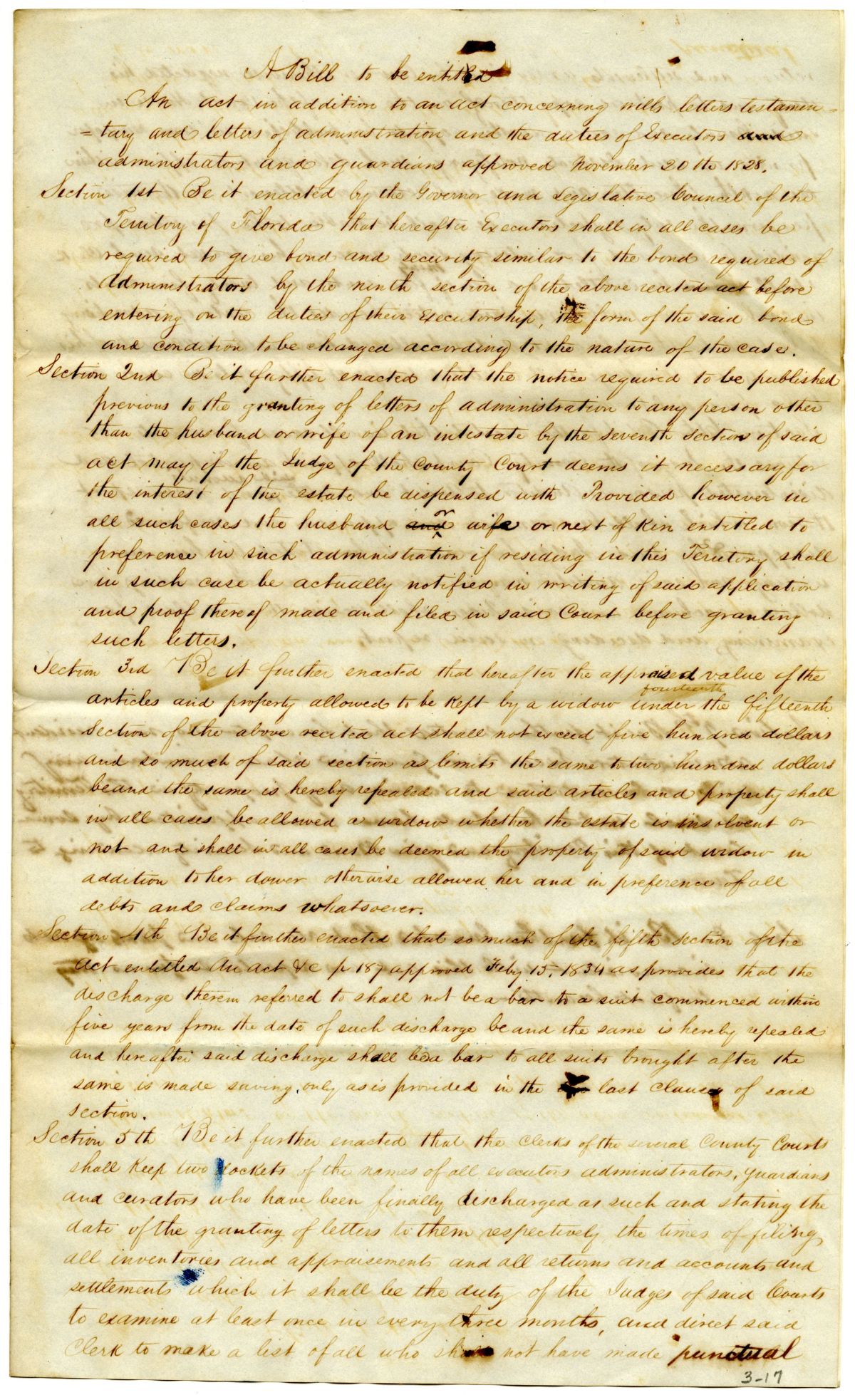 Draft of an Act in Addition to an Act Concerning Wills, Letters Testamentary and Letters of Administration and the Duties of Executors, 1842