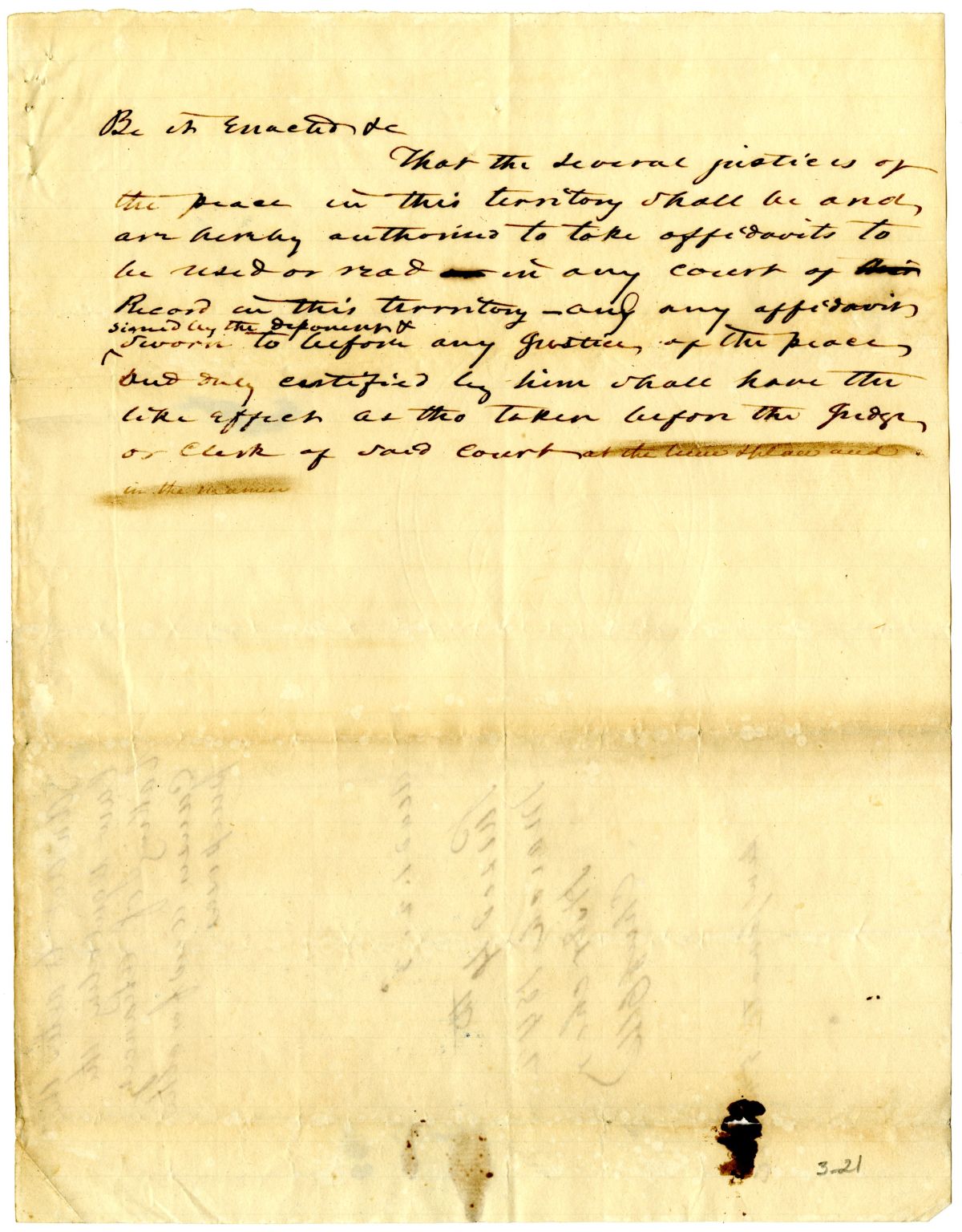 Draft of an Act Authorizing Justices of the Peace to Take Affidavits, 1842