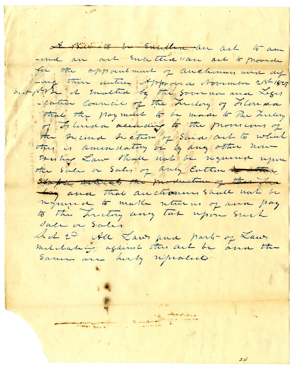 Draft of an Act to Amend an Act to Provide for the Appointment of Auctioneers and Defining Their Duties, 1842