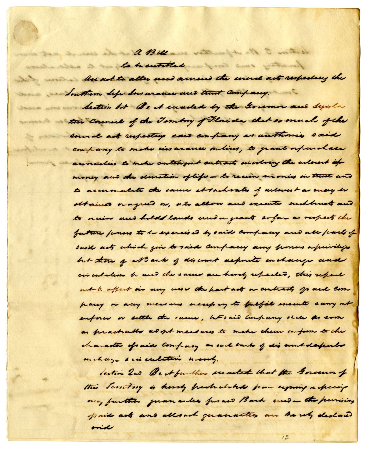 Draft of an Act to Alter and Amend the Several Acts Respecting the Southern Life Insurance and Trust Company, 1842