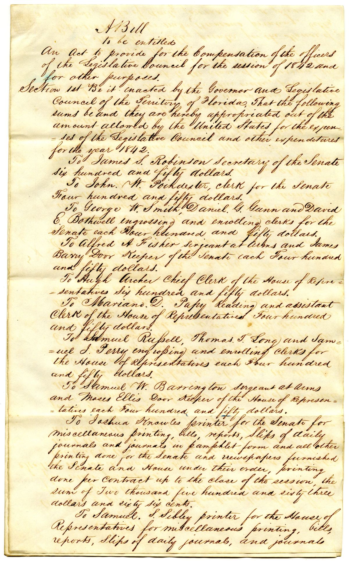 Draft of an Act to Provide for the Compensation of the Officers of the Territorial Legislative Council, 1842