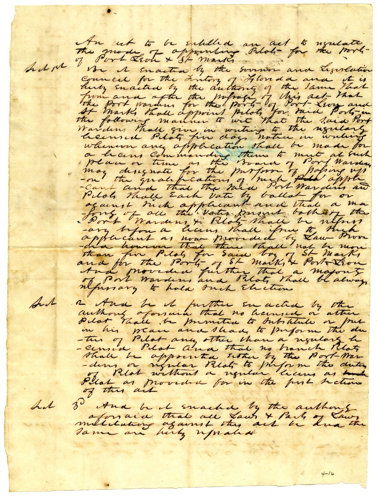 Draft of an Act to Regulate the Mode of Appointing Pilots for the Ports of Port Leon and Saint Marks, circa 1842