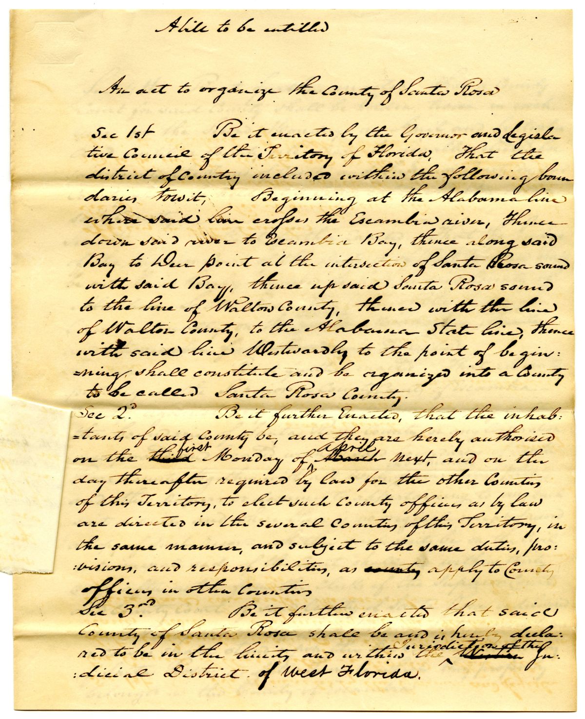 Draft of an Act to Organize the County of Santa Rosa, 1842