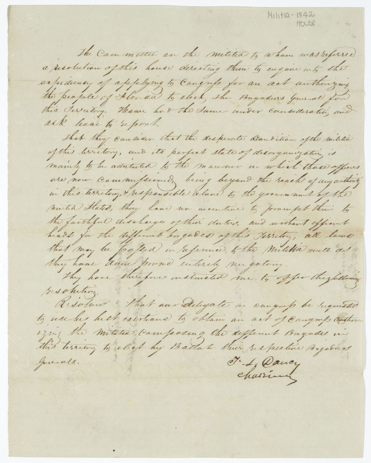 Report of the Committee on the Militia, circa 1842