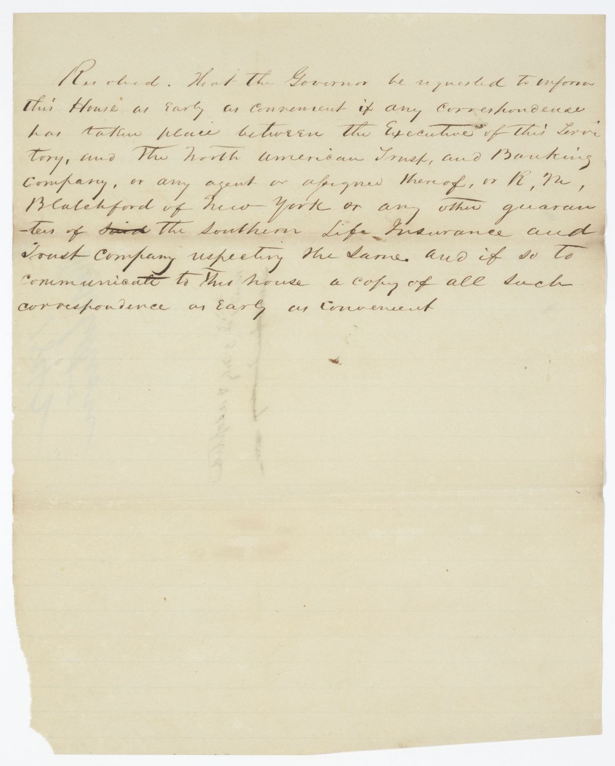 Resolution Requesting that the Governor Inform the Territorial Legislative Council of Certain Correspondence, circa 1842