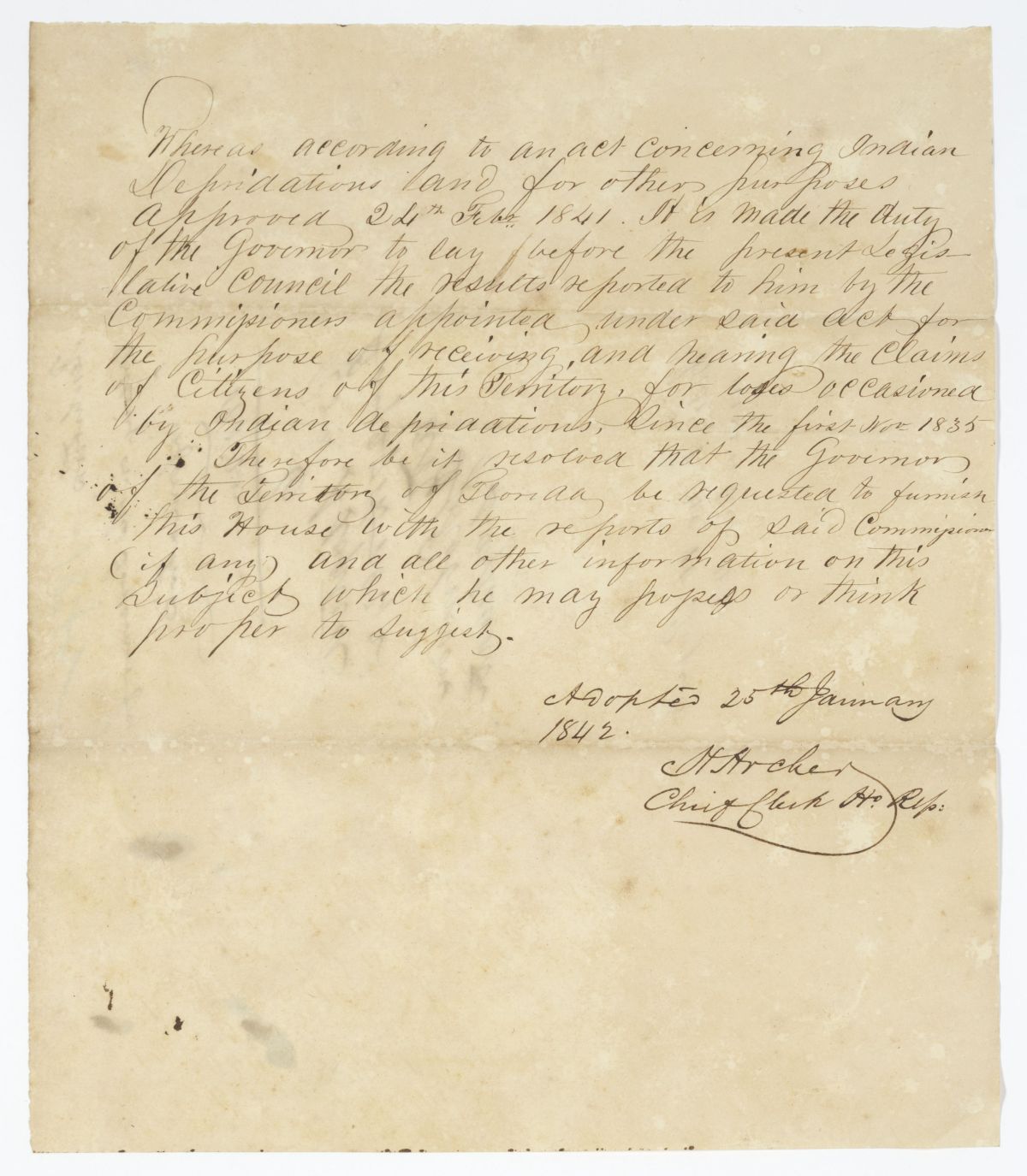 Resolution Requesting that the Governor Provide the Territorial Legislative Council with Information Concerning Indian War Claims, 1842