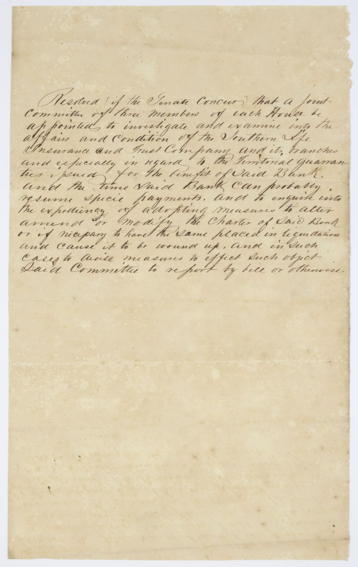 Resolution Calling for a Joint Committee to Investigate the Southern Life Insurance and Trust Company, circa 1842