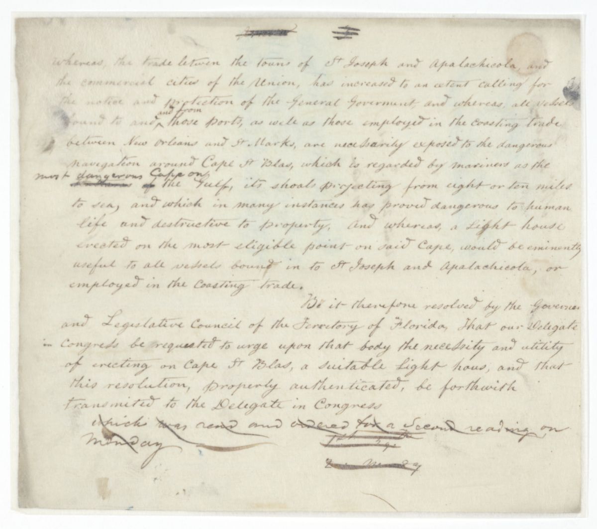 Resolution Instructing the Florida Delegate in Congress to Lobby for the Construction of a Lighthouse at Cape San Blas, circa 1842