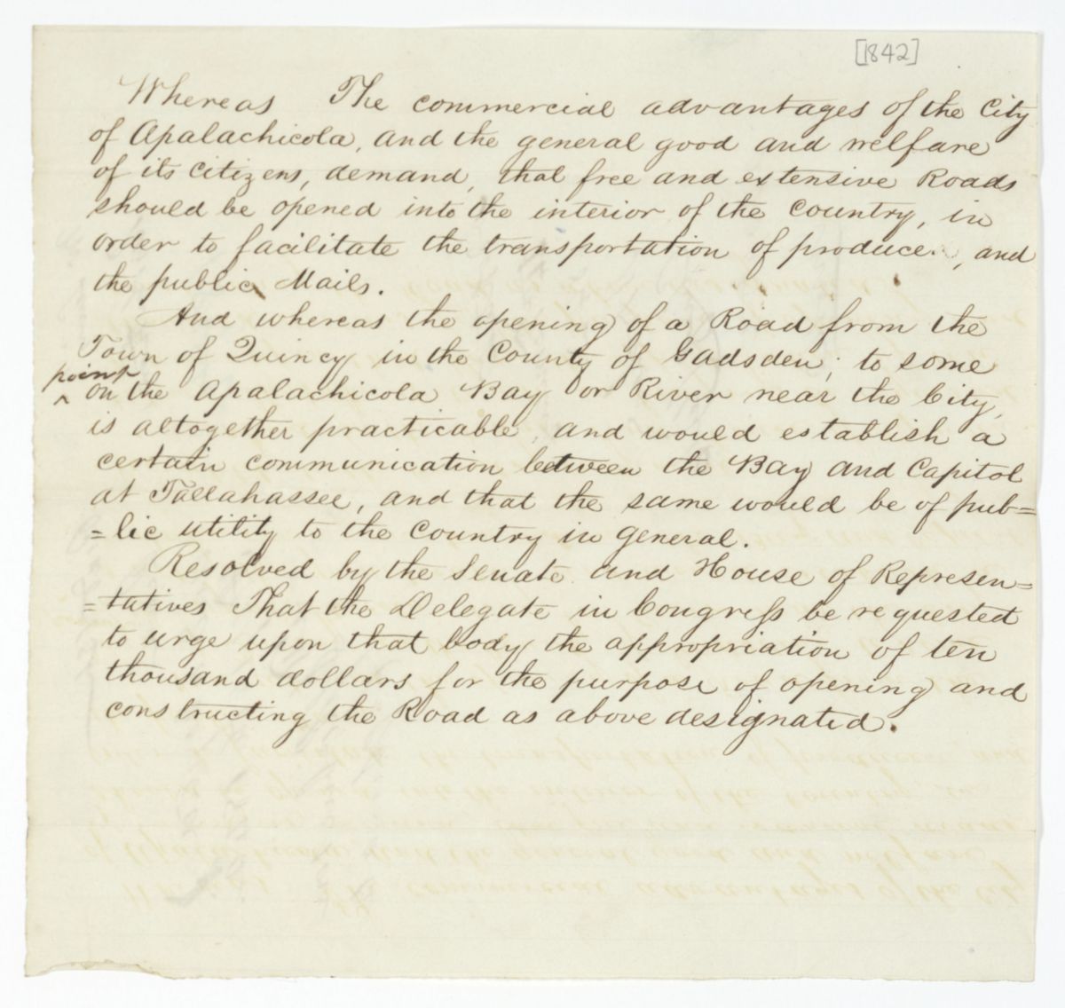 Resolution Instructing the Florida Delegate in Congress to Procure an Appropriation for the Construction of a Road, 1842