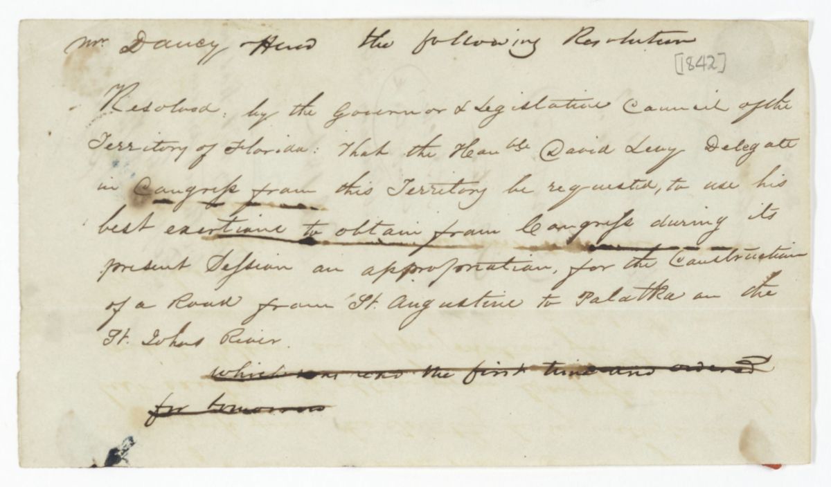 Resolution Instructing the Florida Delegate in Congress to Procure an Appropriation for the Construction of a Road, 1842