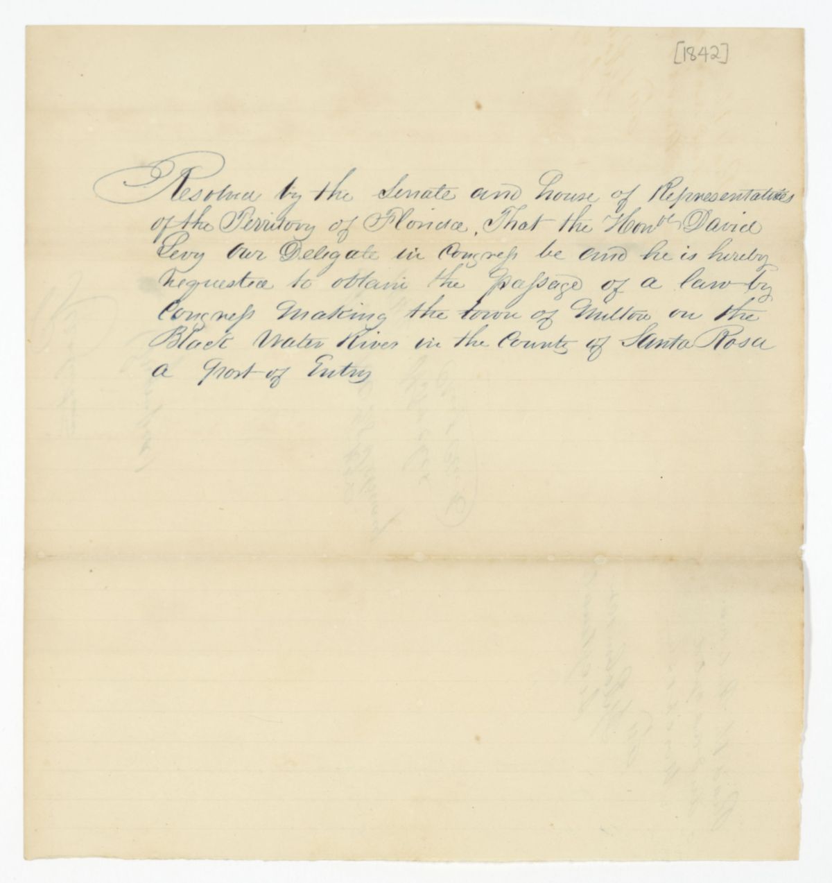 Resolution Directing the Florida Delegate in Congress to Procure a Law Making the Town of Milton a Port of Entry, 1842