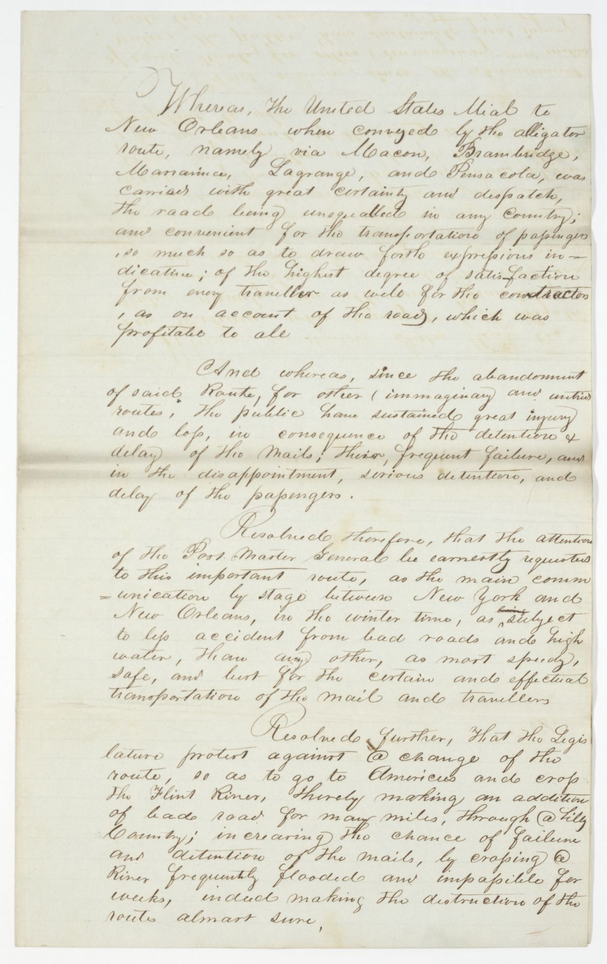 Resolution Instructing the Florida Delegate in Congress to Convey a Message Concerning Mail Routes to Congress, 1842