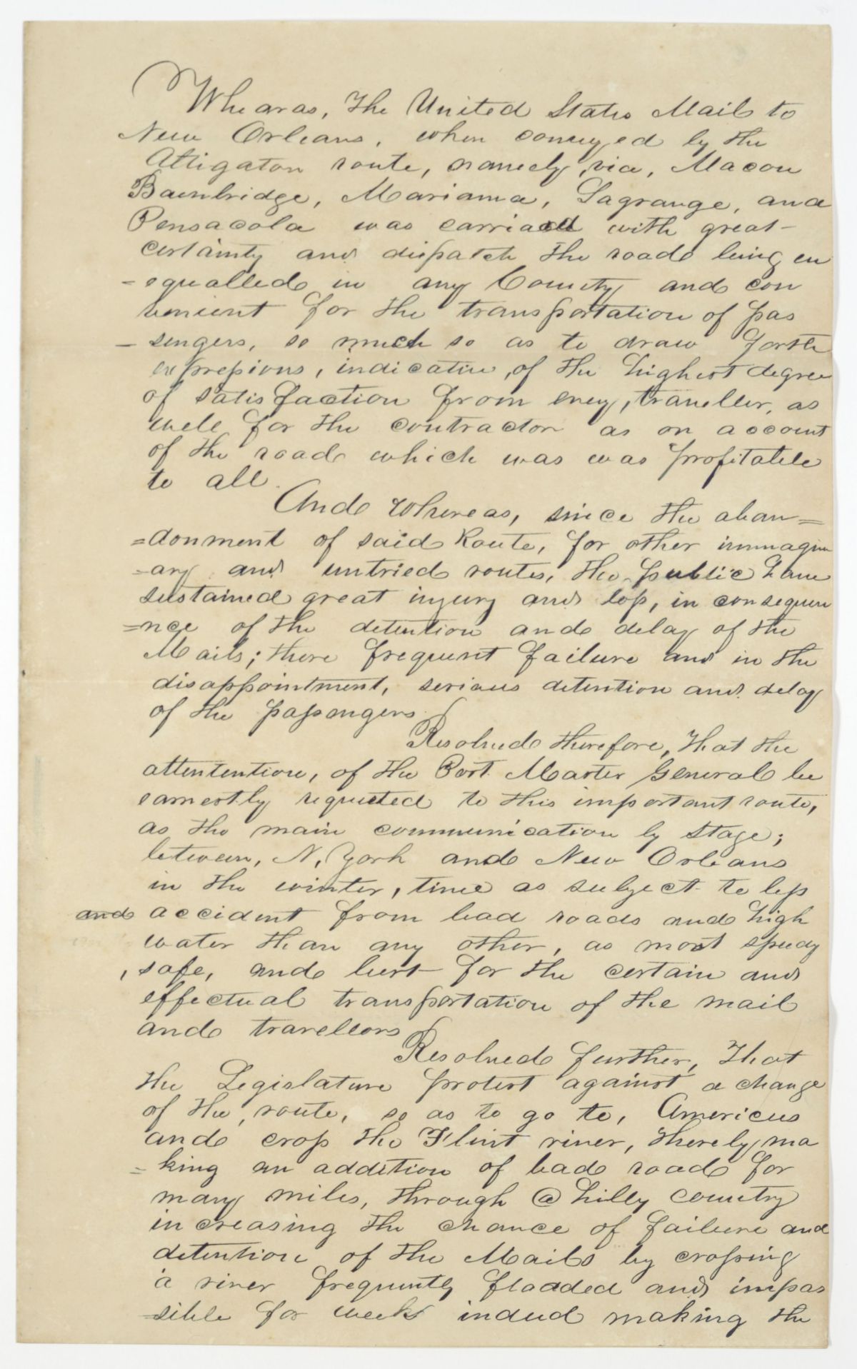 Resolution Instructing the Florida Delegate in Congress to Convey a Message Concerning Mail Routes to Congress, 1842