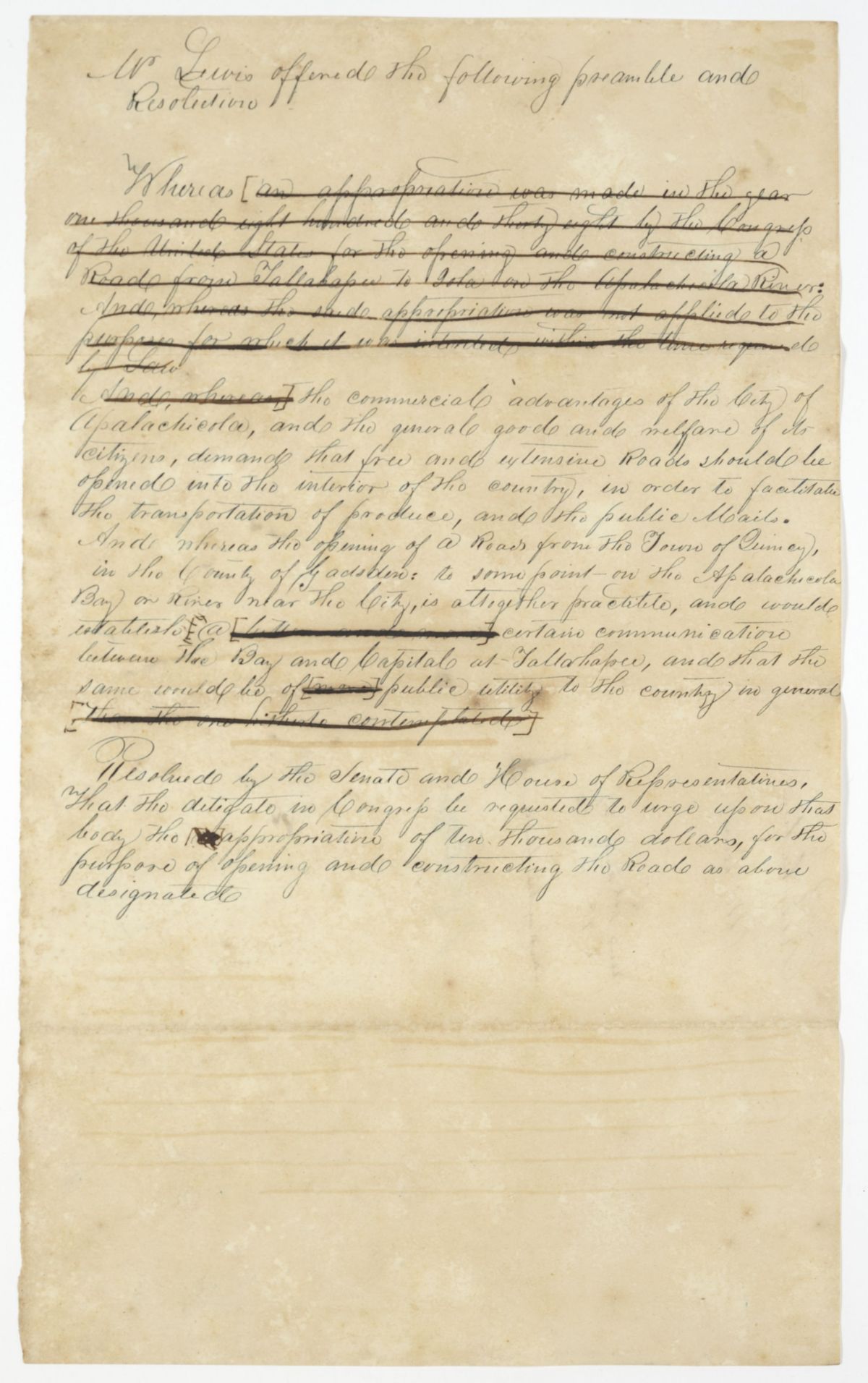 Resolution Instructing the Florida Delegate in Congress to Procure an Appropriation for the Construction of a Road, circa 1842