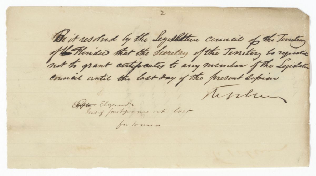 Resolution Requesting that the Secretary of the Territory Not Grant Certificates to Legislators Until the Last Day of the Session, 1842