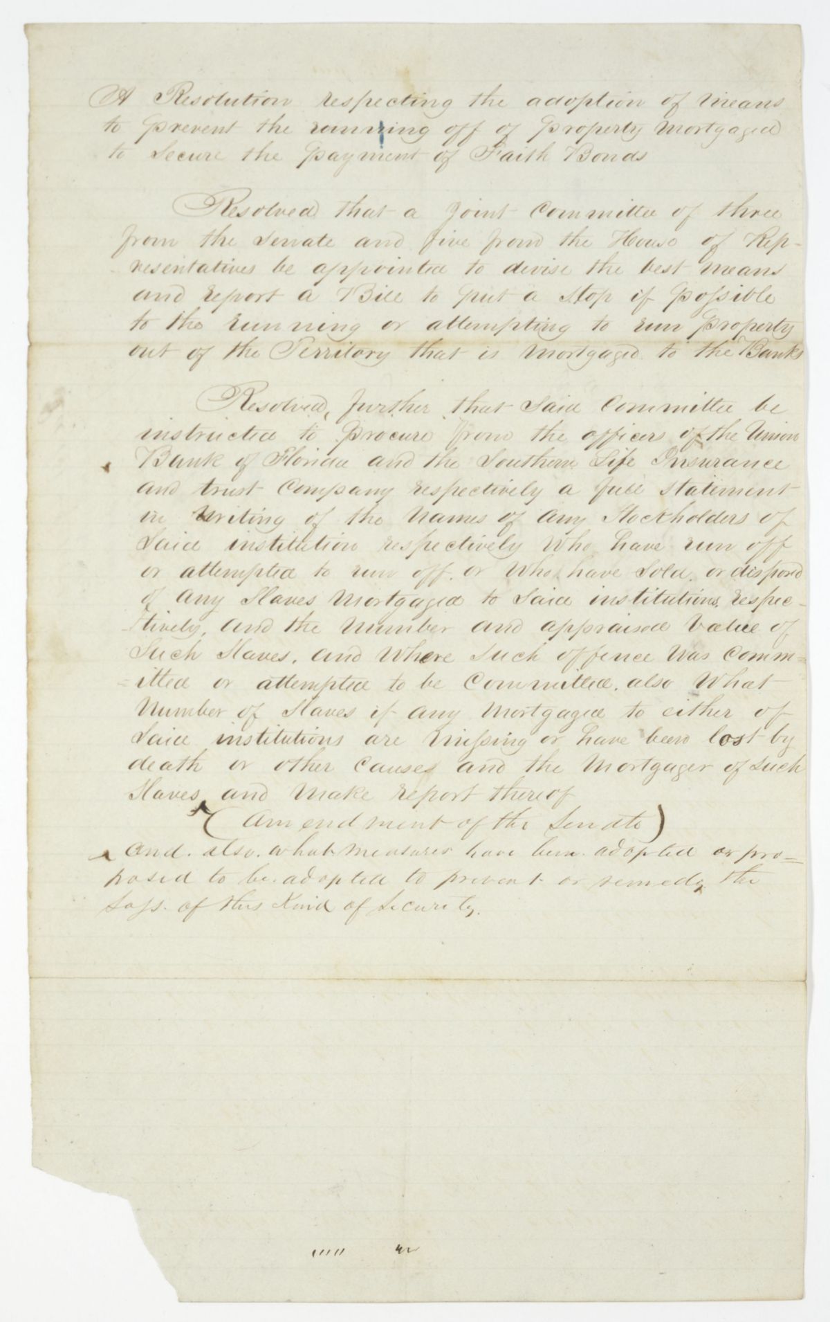 Resolution Calling for a Joint Committee to Report a Bill to Prevent the Removal of Mortgaged Property from the Territory, 1842