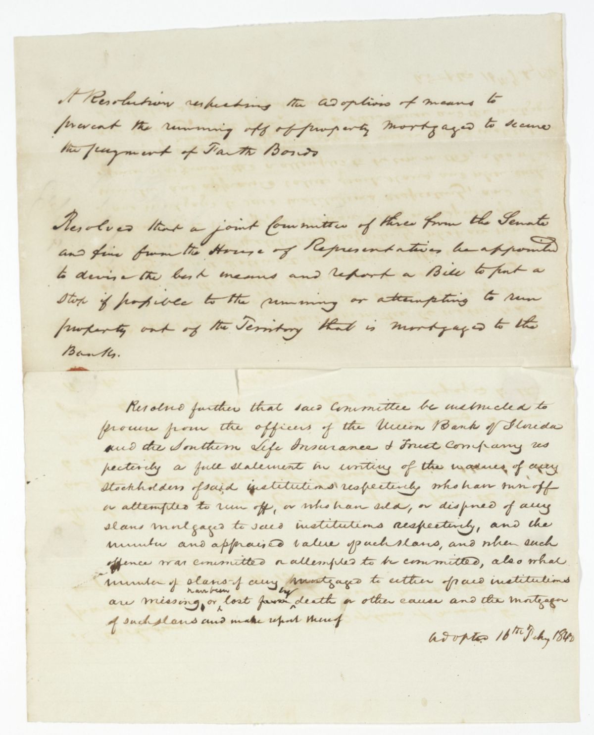 Resolution Calling for a Joint Committee to Report a Bill to Prevent the Removal of Mortgaged Property from the Territory, 1842