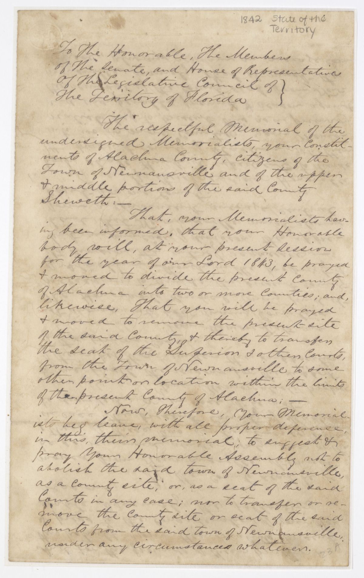 Petition of Citizens of Alachua County Requesting that Newnansville Remain the County Seat, circa 1842