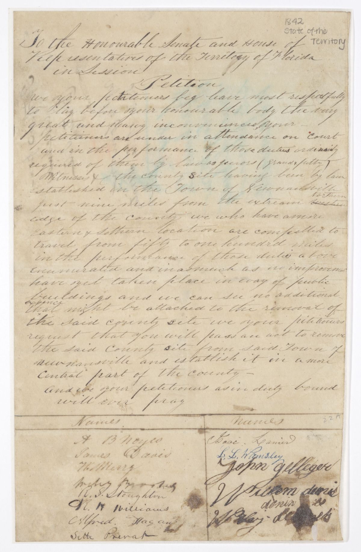 Petition of Citizens of Alachua County Requesting that the County Seat Be Moved from Newnansville to a More Central Location, circa 1842