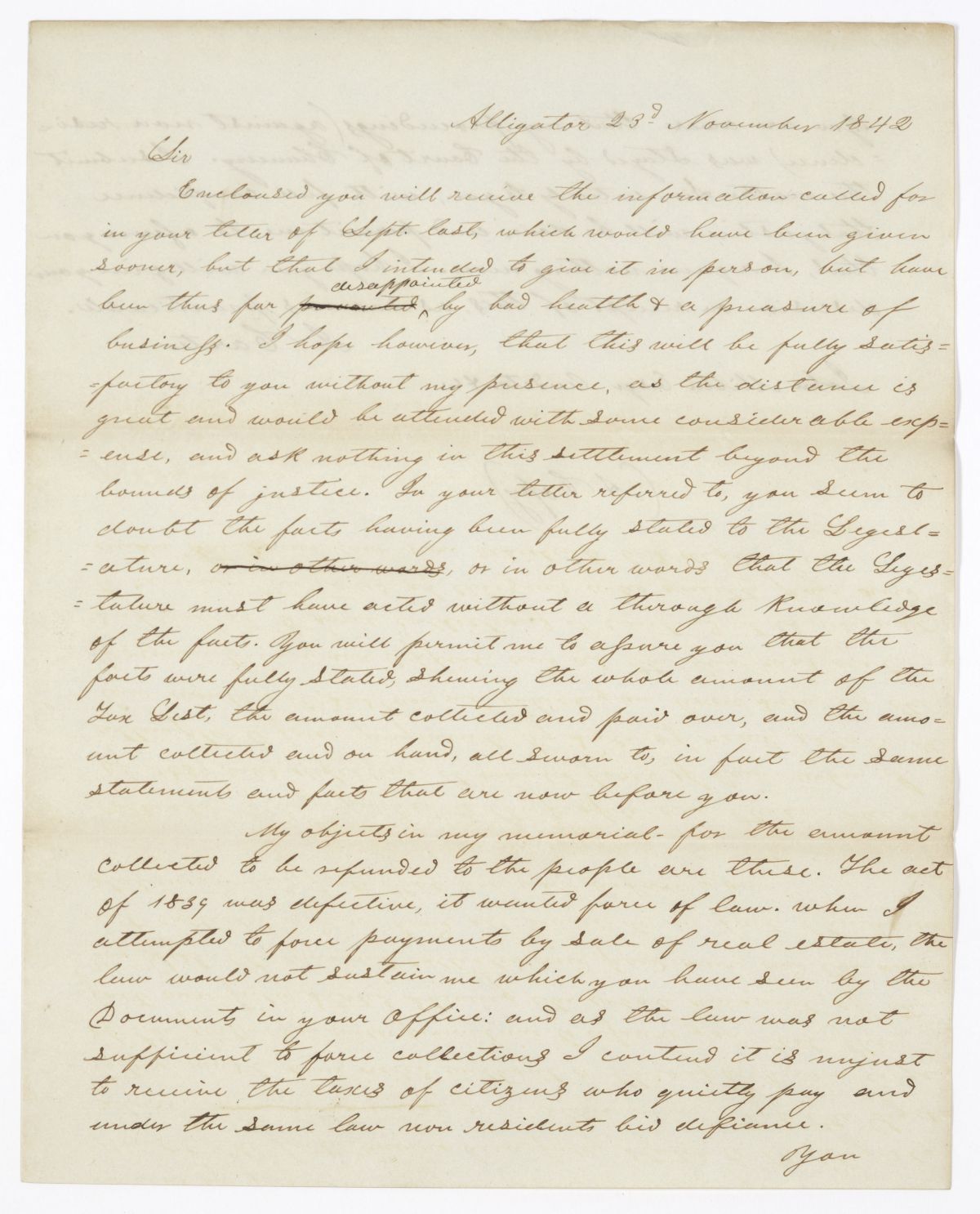 Letter from Jesse Carter to Auditor John Miller Regarding His Work as the Tax Collector of Alachua County, 1842