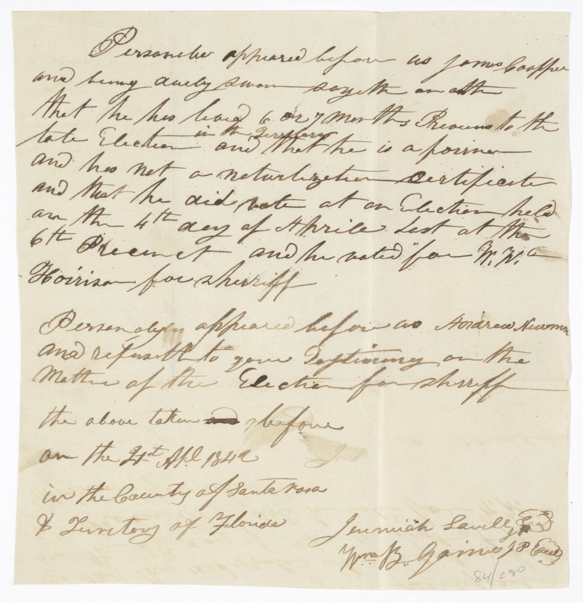 Affidavit Attesting that a Foreigner Voted in a Territorial Election, 1842