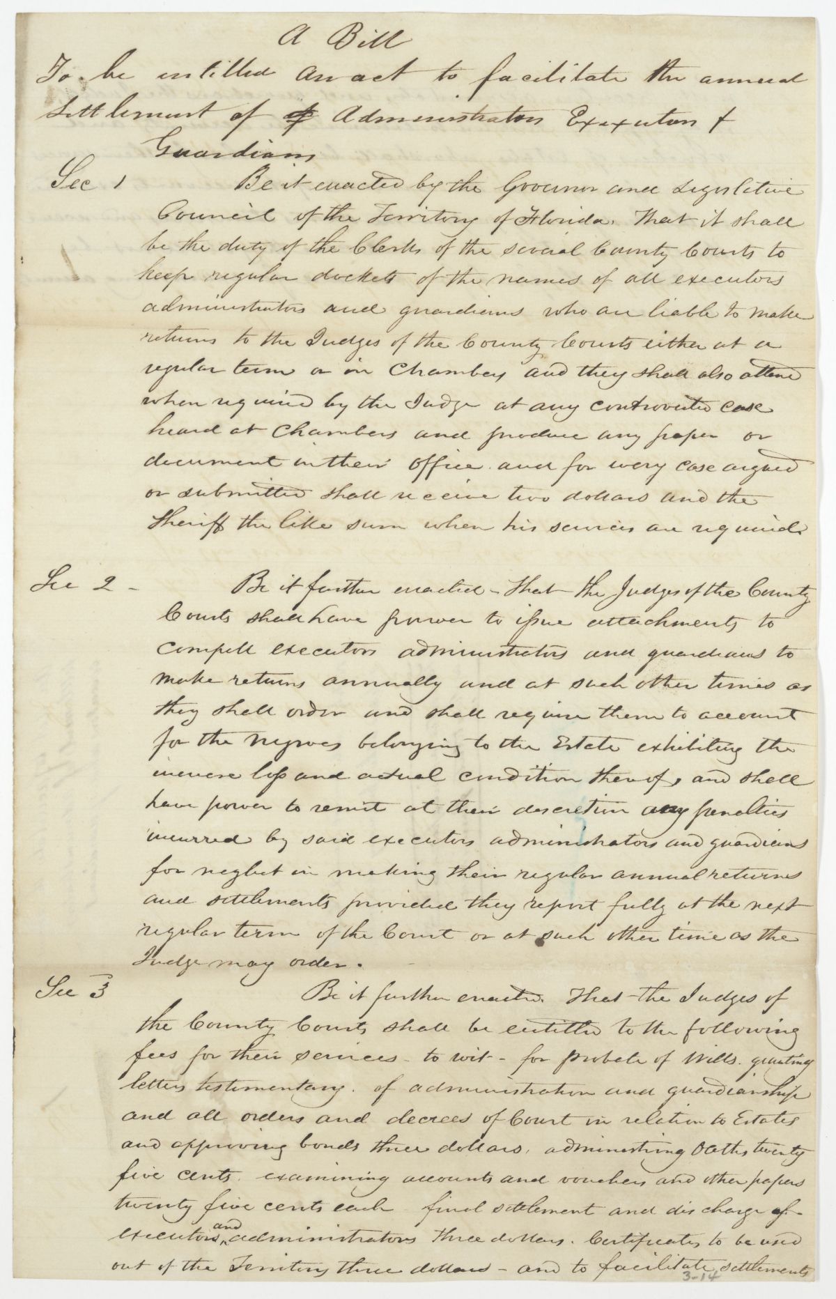 Draft of an Act to Facilitate the Annual Settlement of Administrators, Executors and Guardians, circa 1842