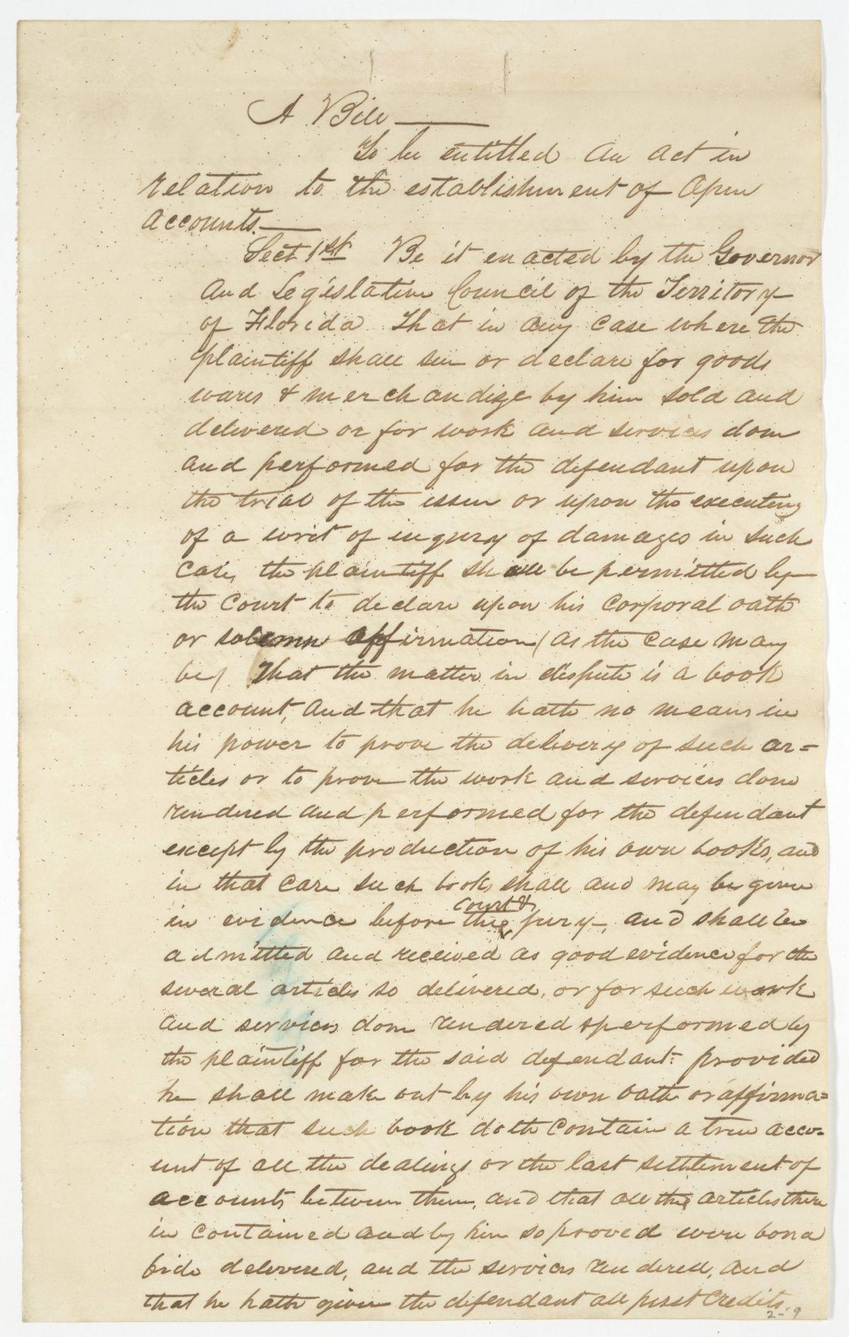 Draft of an Act in Relation to the Establishment of Open Accounts, circa 1842