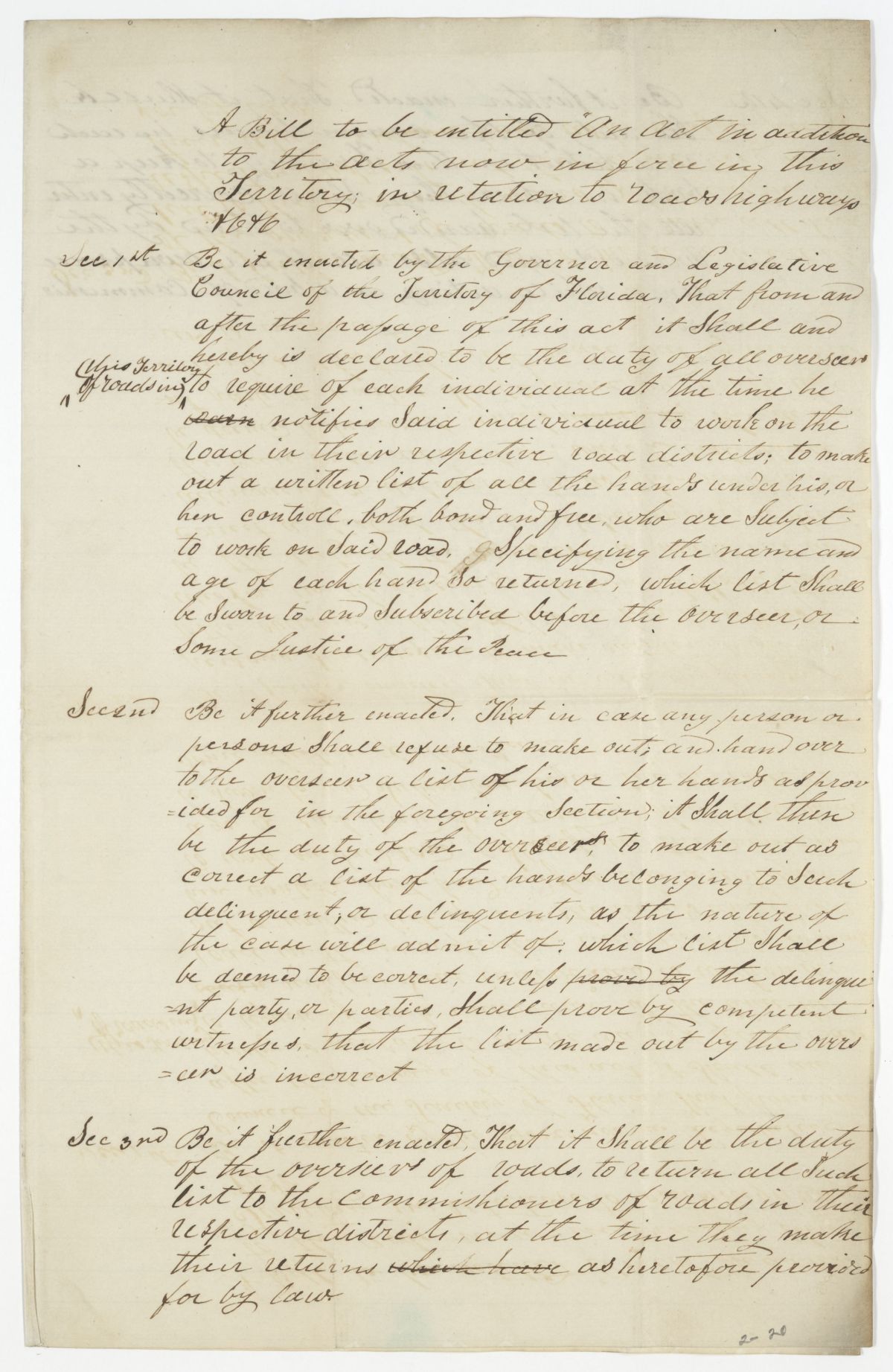 Draft of an Act in Addition to the Acts Now in Force Relating to Roads and Highways, circa 1842