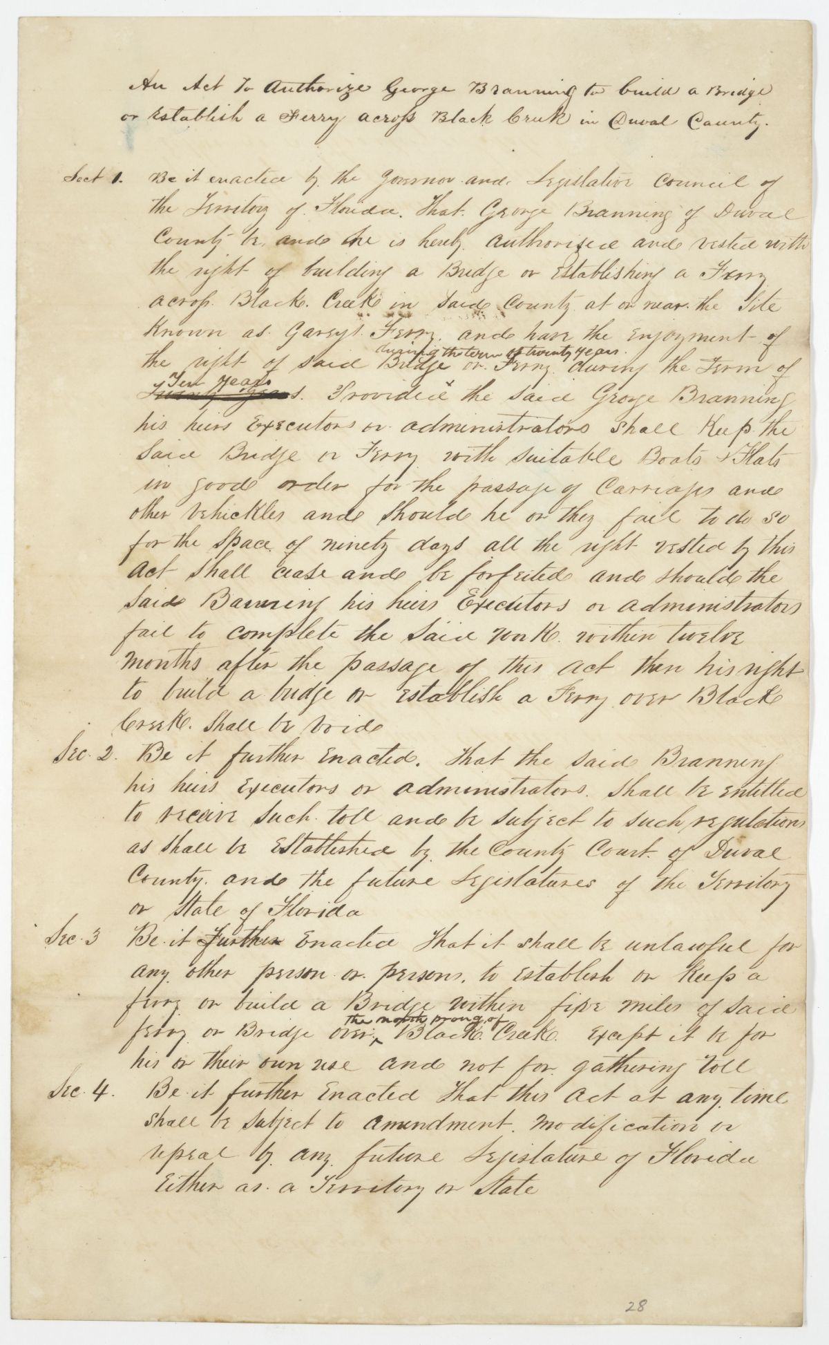 Draft of an Act to Authorize George Branning to Build a Bridge or Establish a Ferry Across Black Creek, 1842