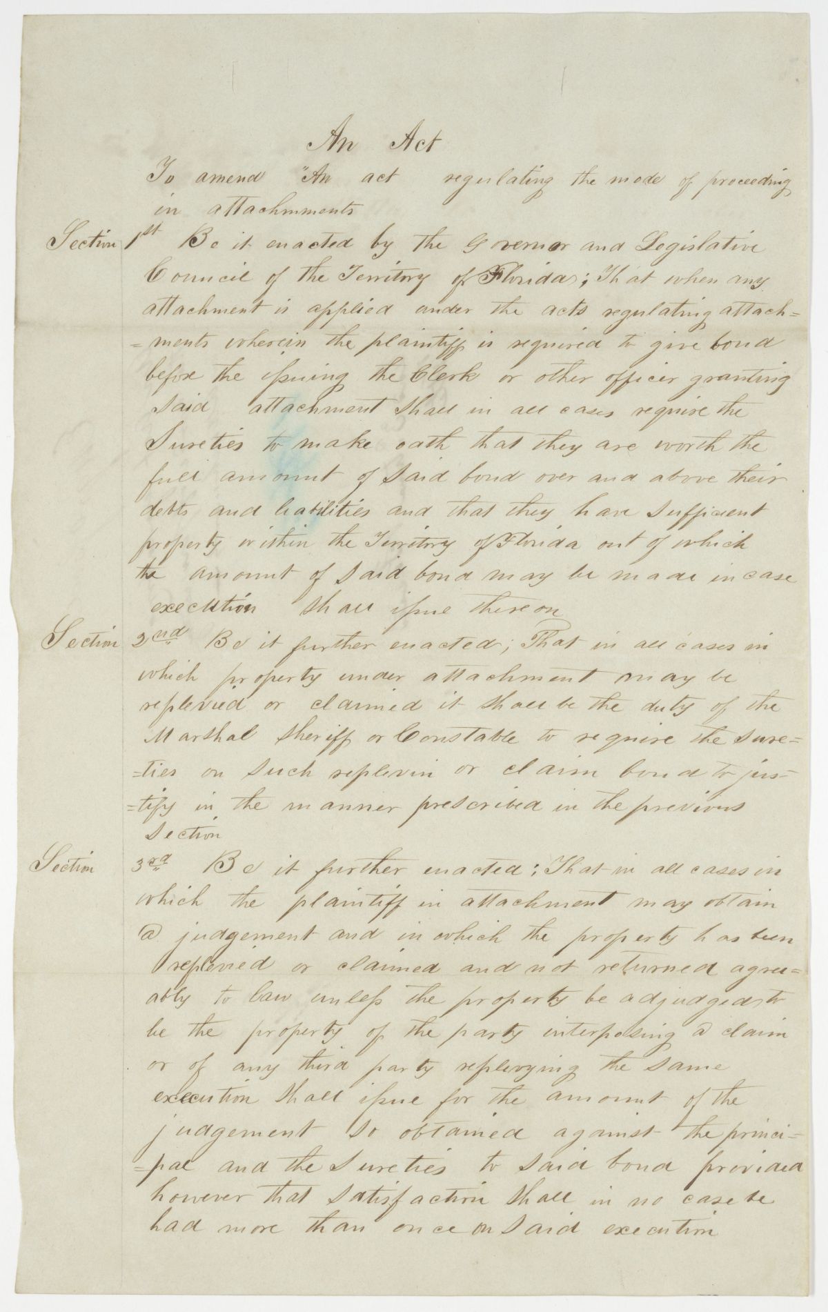 Draft of an Act to Amend an Act Regulating the Mode of Proceeding on Attachments, circa 1842