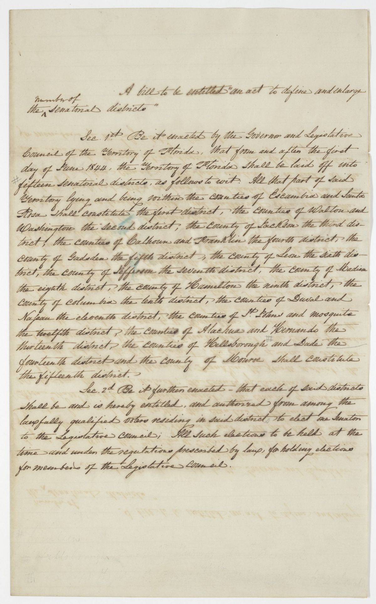 Draft of an Act to Define and Enlarge the Number of Senatorial Districts, circa 1843