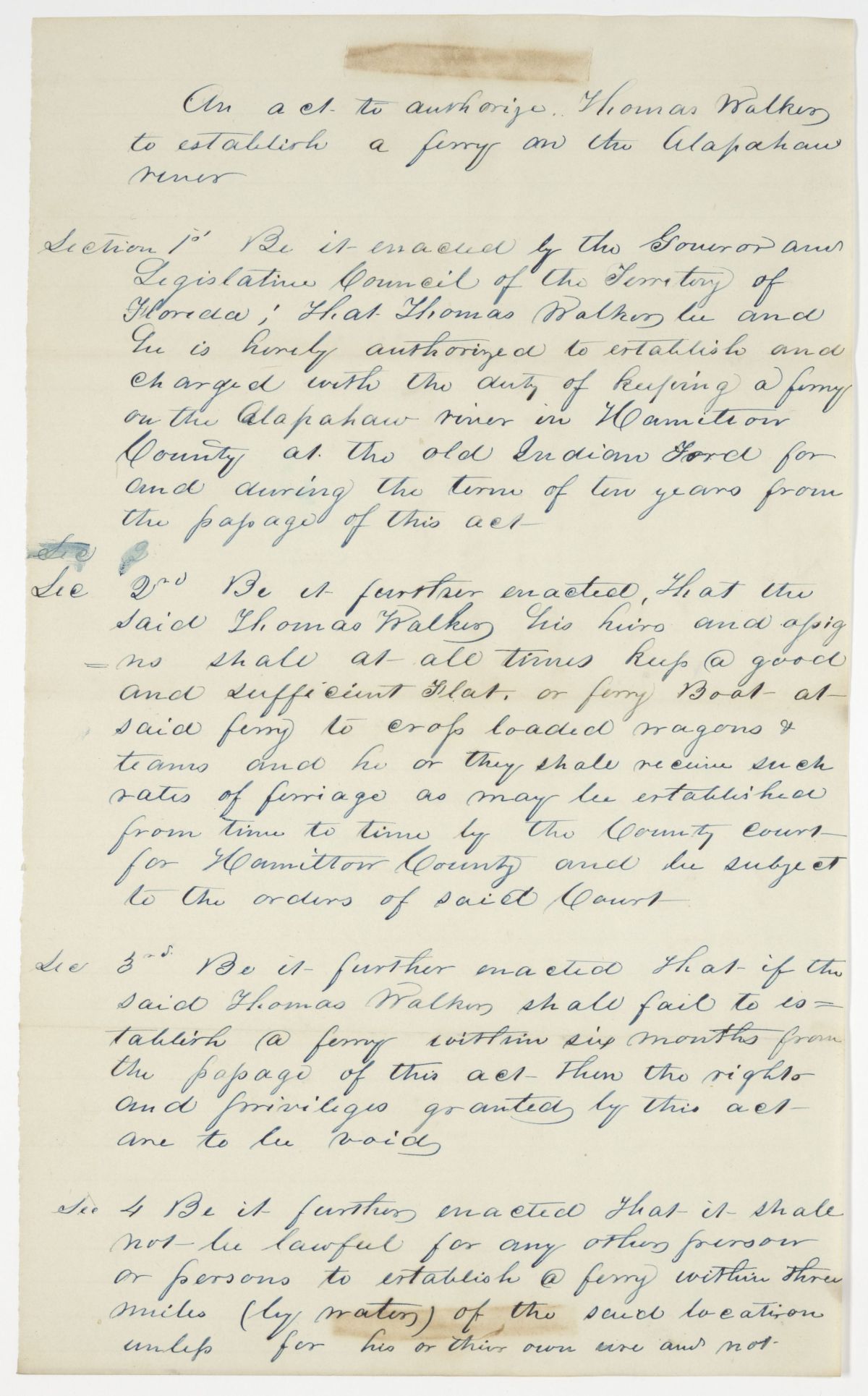 Draft of an Act to Authorize Thomas Walker to Establish a Ferry on the Alapaha River, 1843