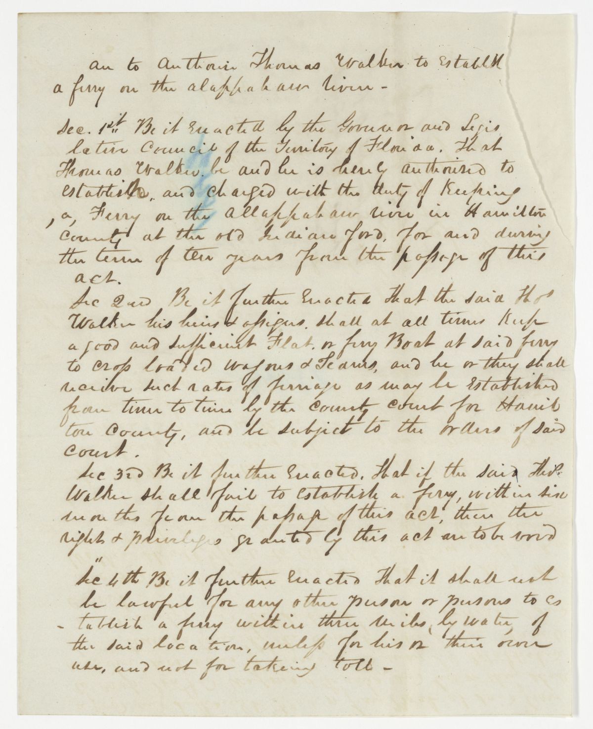 Draft of an Act to Authorize Thomas Walker to Establish a Ferry on the Alapaha River, 1843