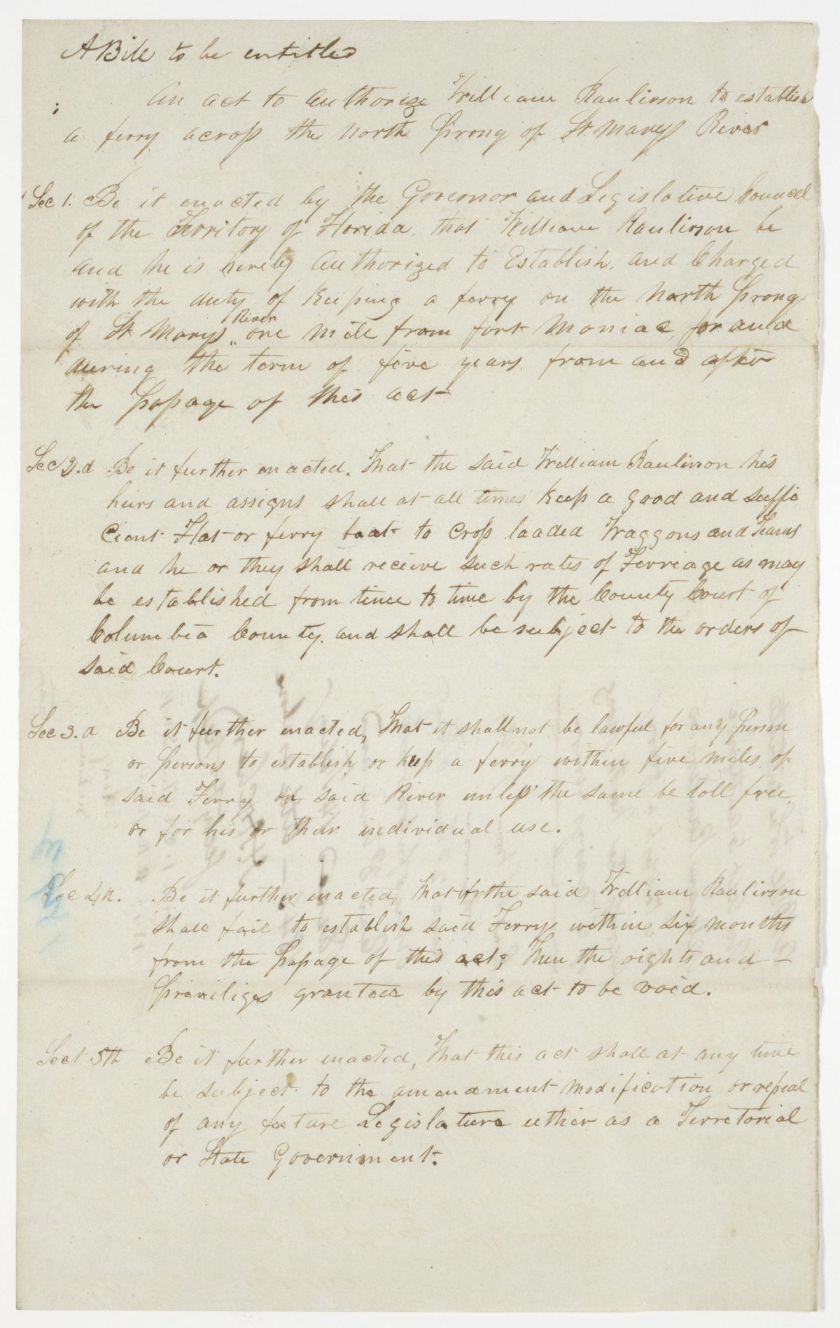 Draft of an Act to Authorize William Raulerson to Establish a Ferry Across the North Prong of the Saint Marys River, 1843