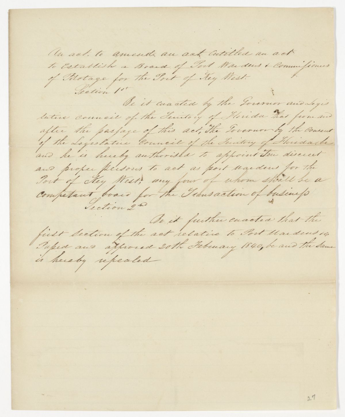 Draft of an Act to Amend an Act to Establish a Board of Port Wardens and Commissioners of Pilotage for the Port of Key West, 1843